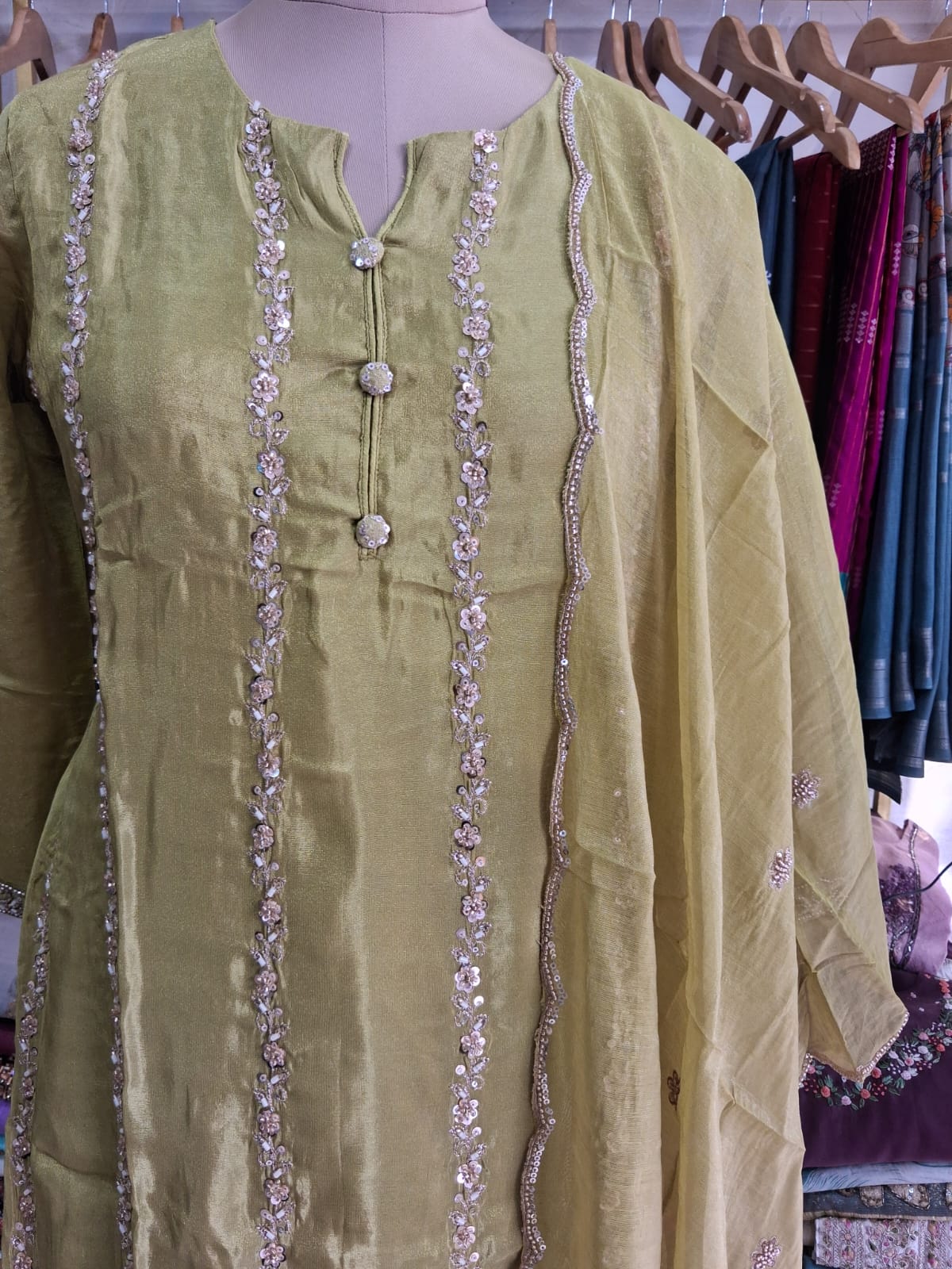 Product Olive Green Embroidered kurti set
