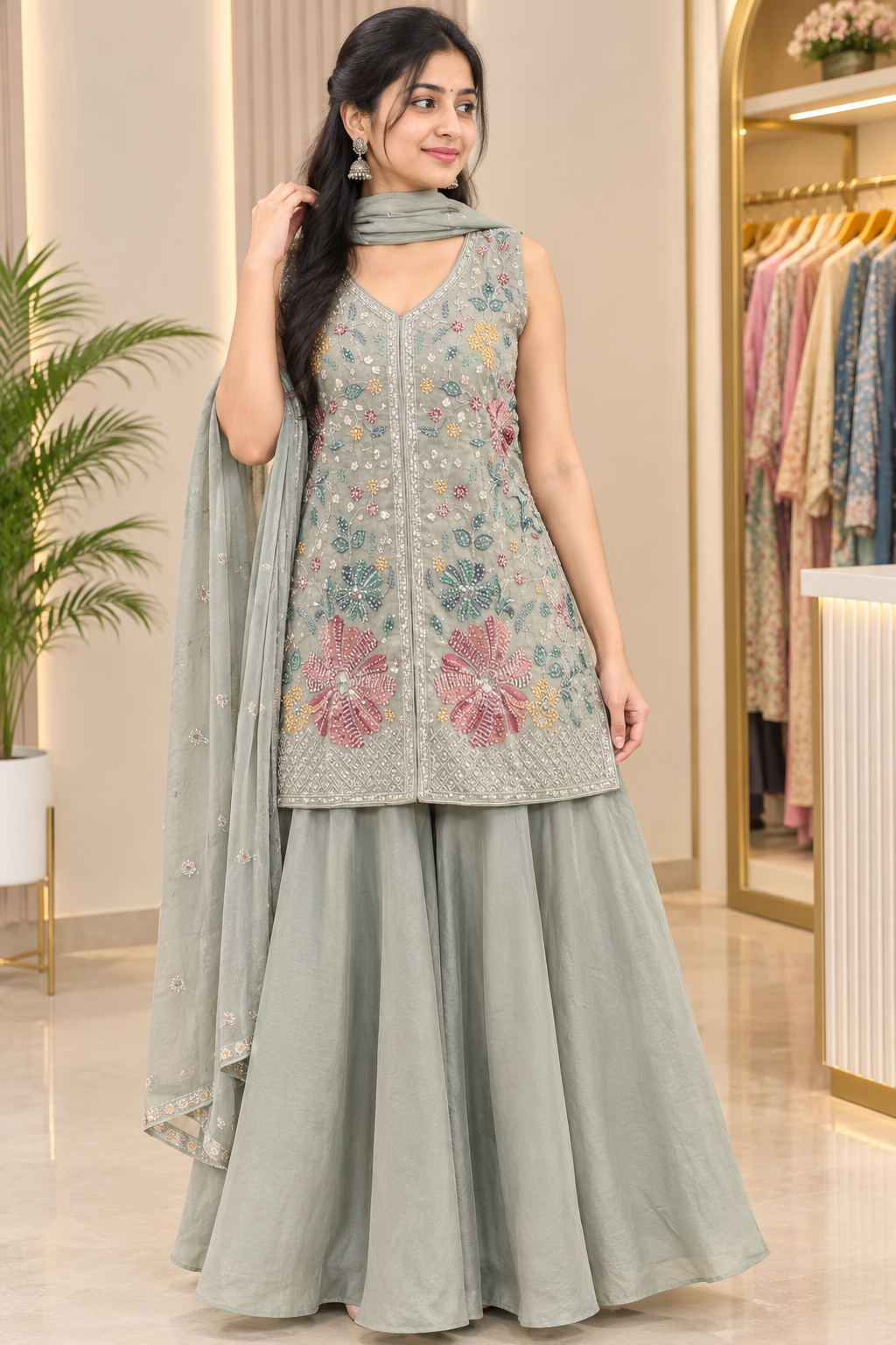 Grey Embroidered Kurti Set