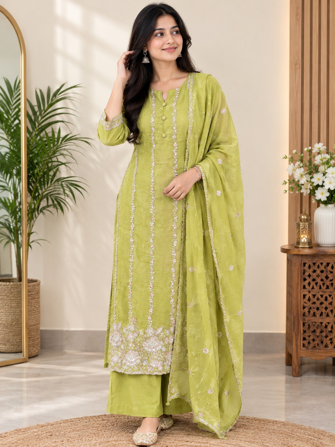 Product Olive Green Embroidered kurti set