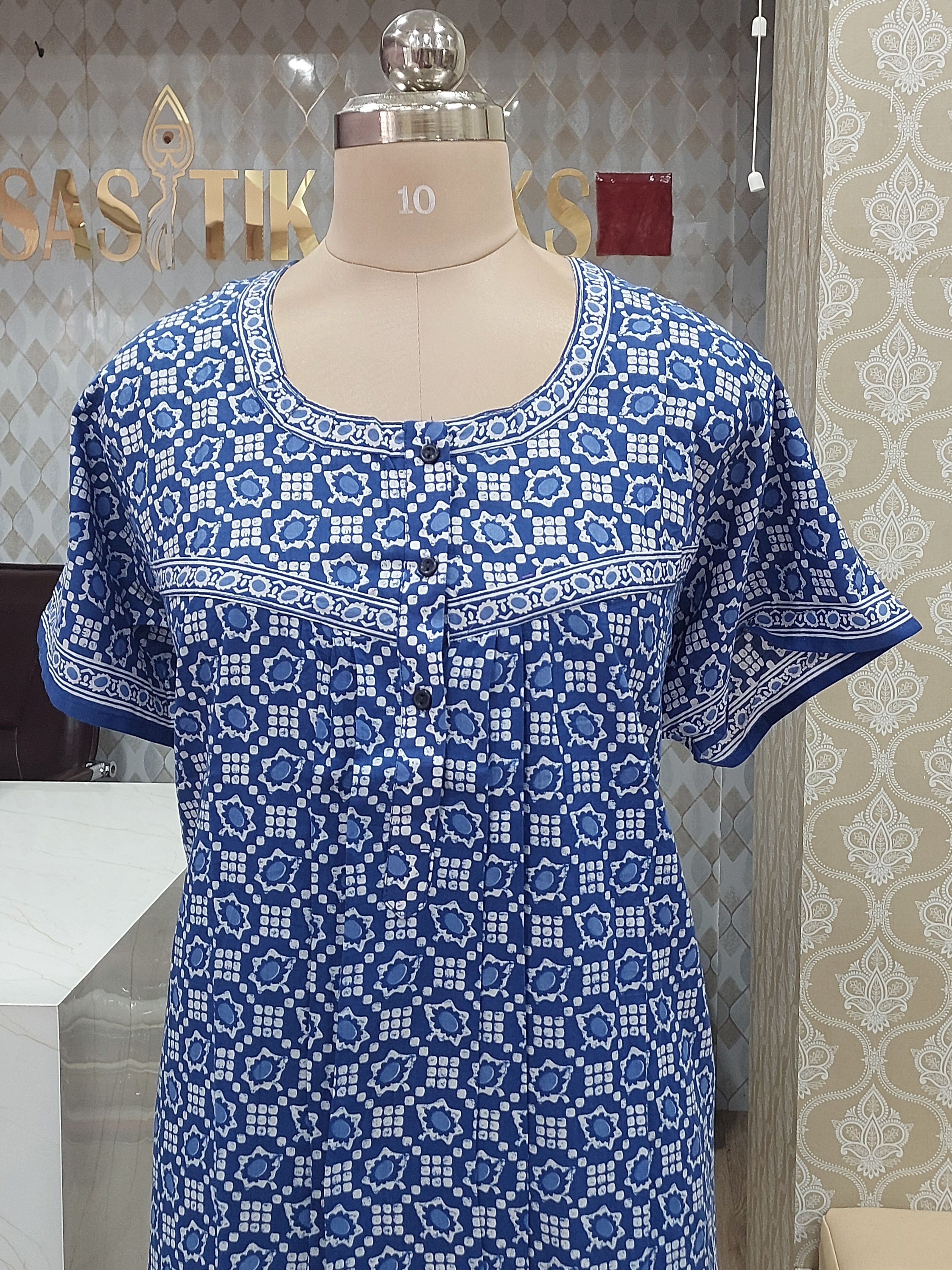 Royal Blue Printed Cotton Nighty