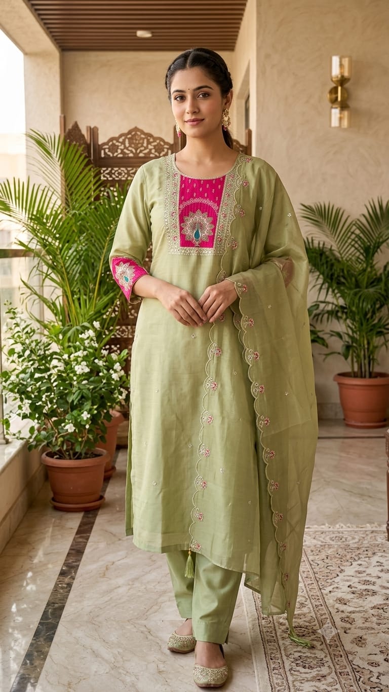 Pink and geen Embroidered  kurti set