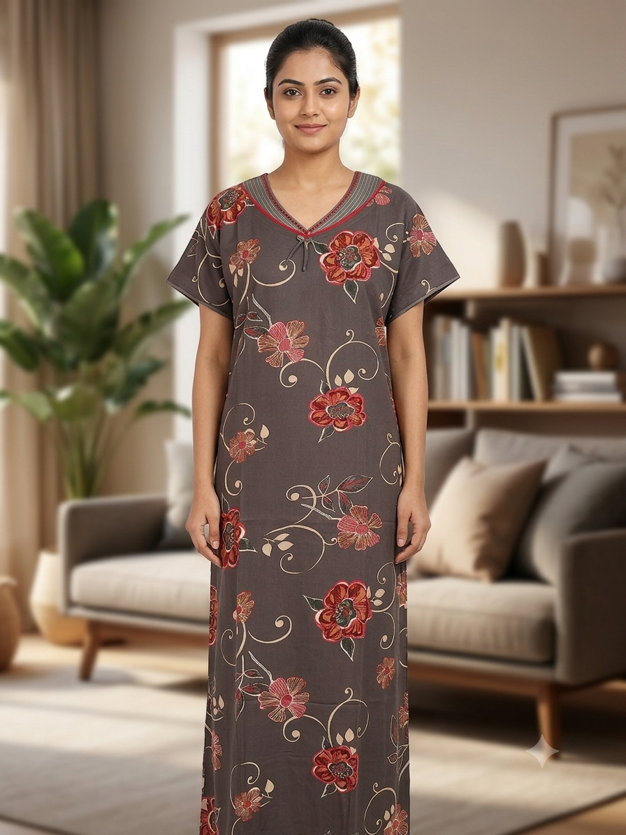 Brown Floral Printed Nighty