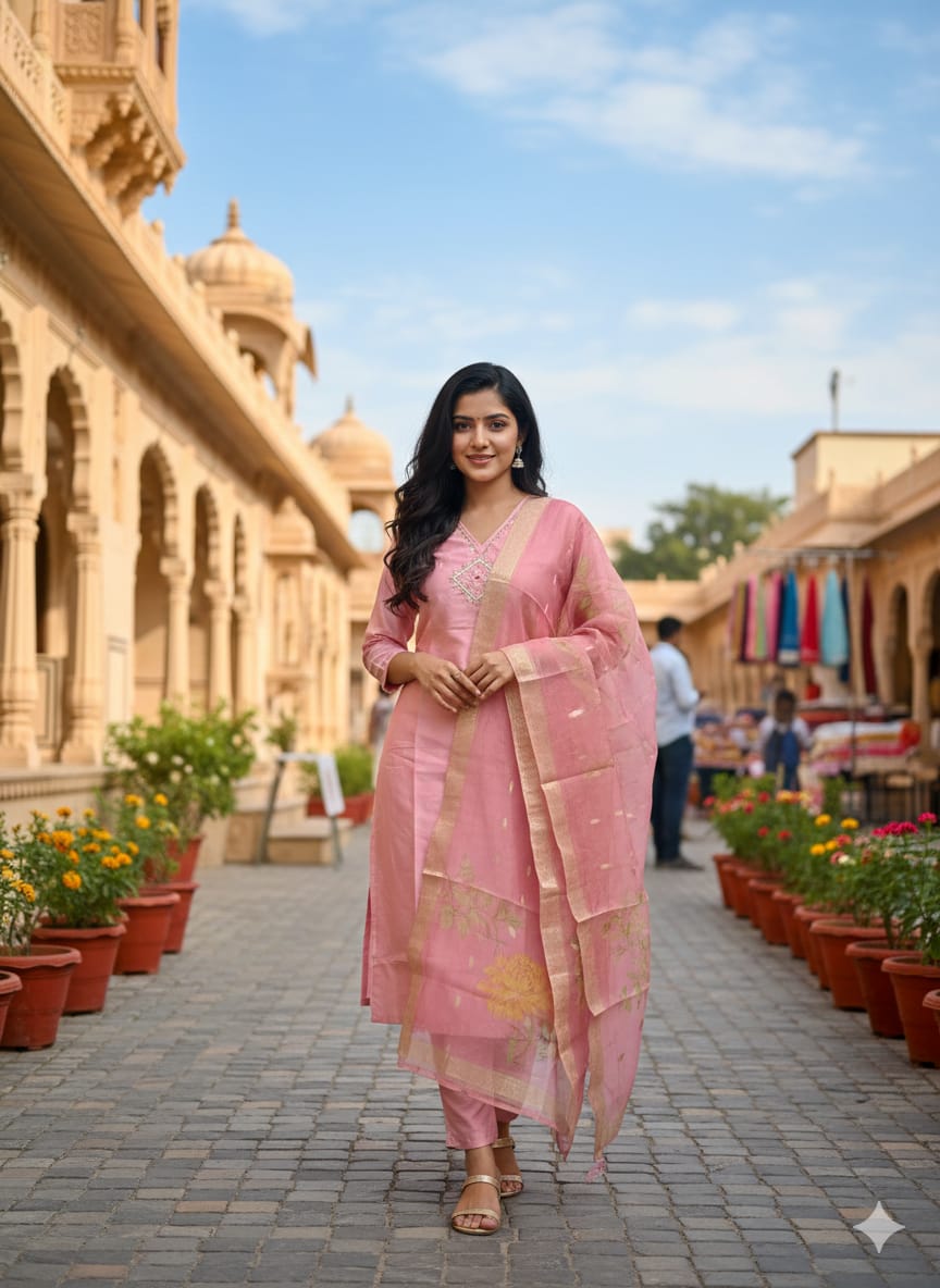 Elegant pink printed kurthi set