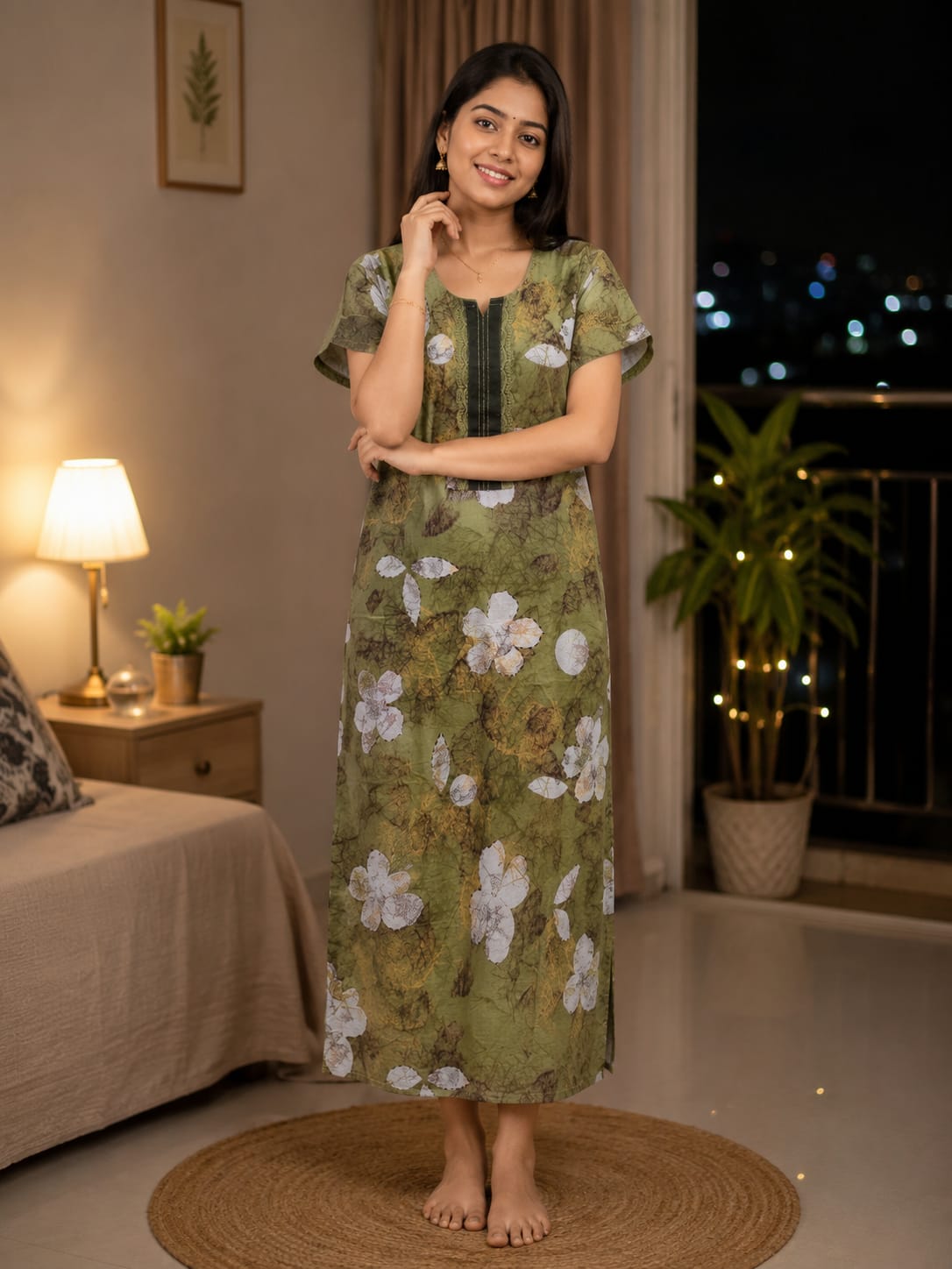 Olive green batik cotton nighty