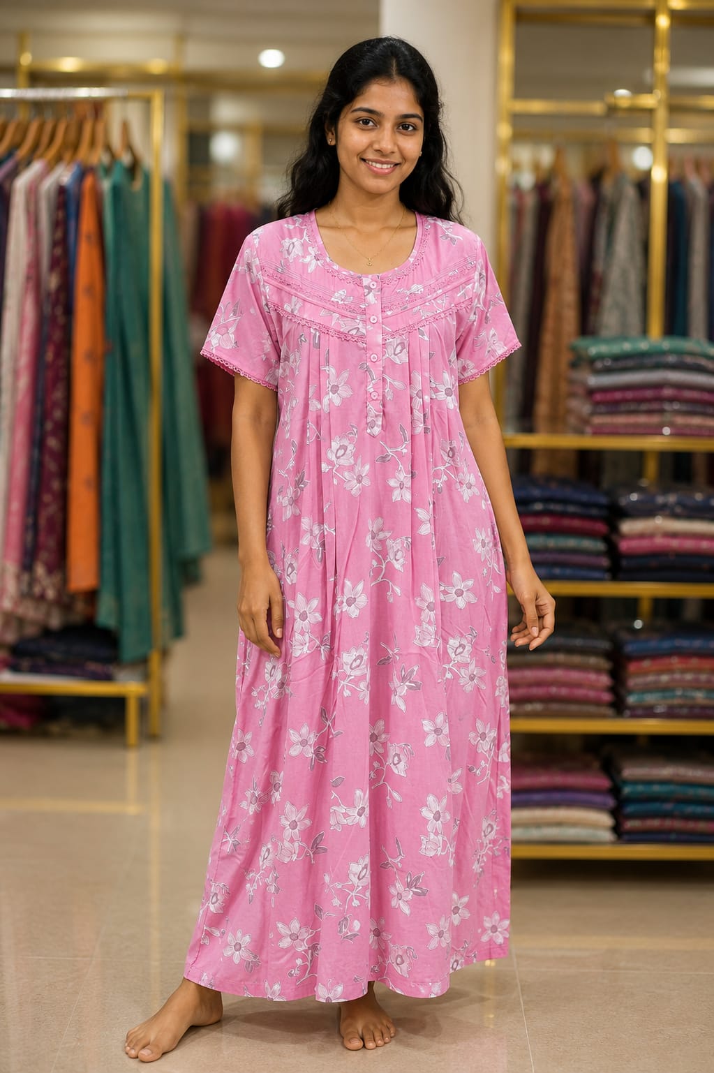 Bright pink floral Cotton Nighty