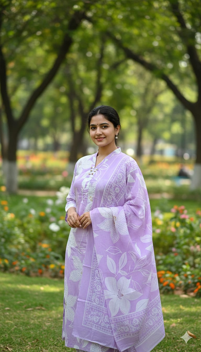 Lavender printed cotton kurti set