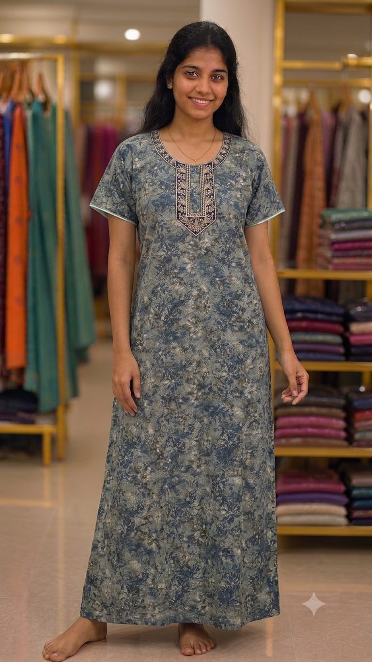 Greyish-blue floral cotton nighty