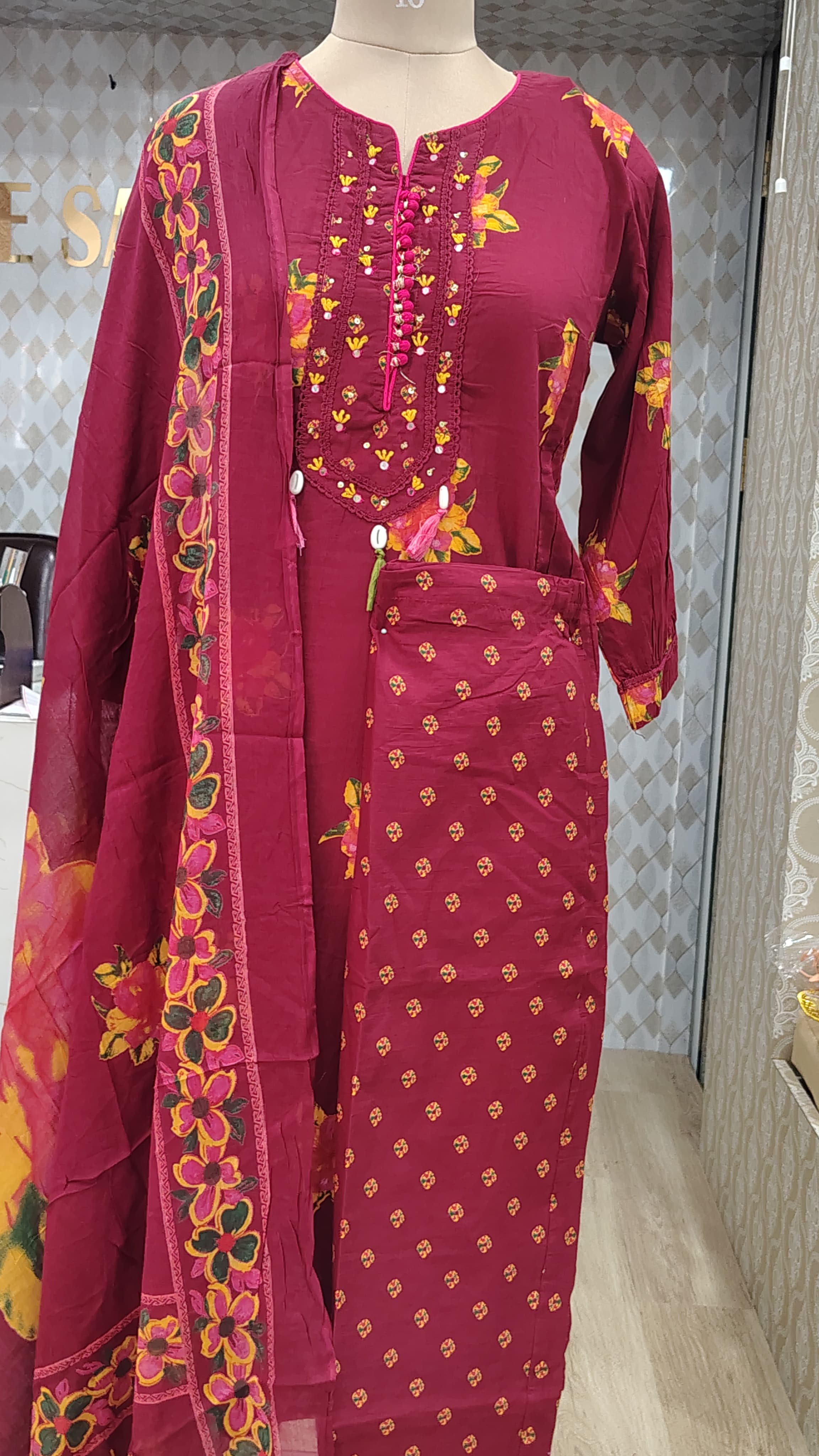 Maroon floral kurthi set cotton