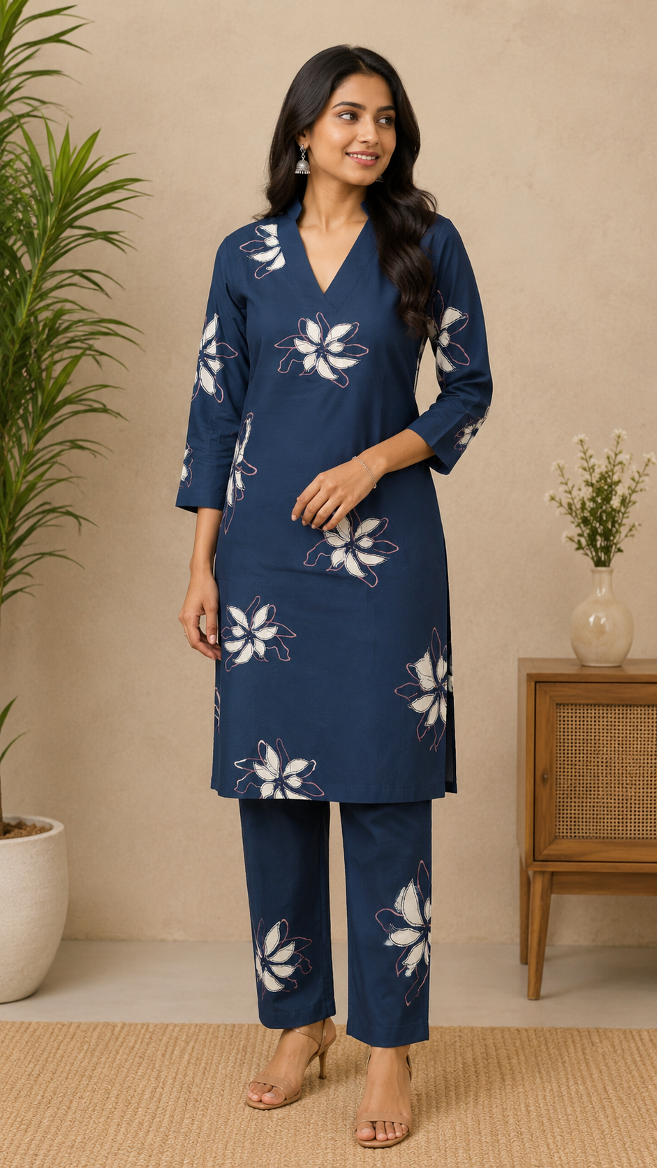 Navy blue floral kurti set