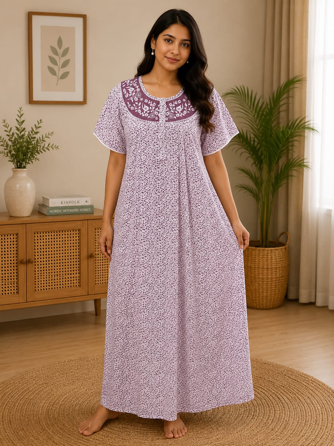 Lavender Printed cotton Nighty