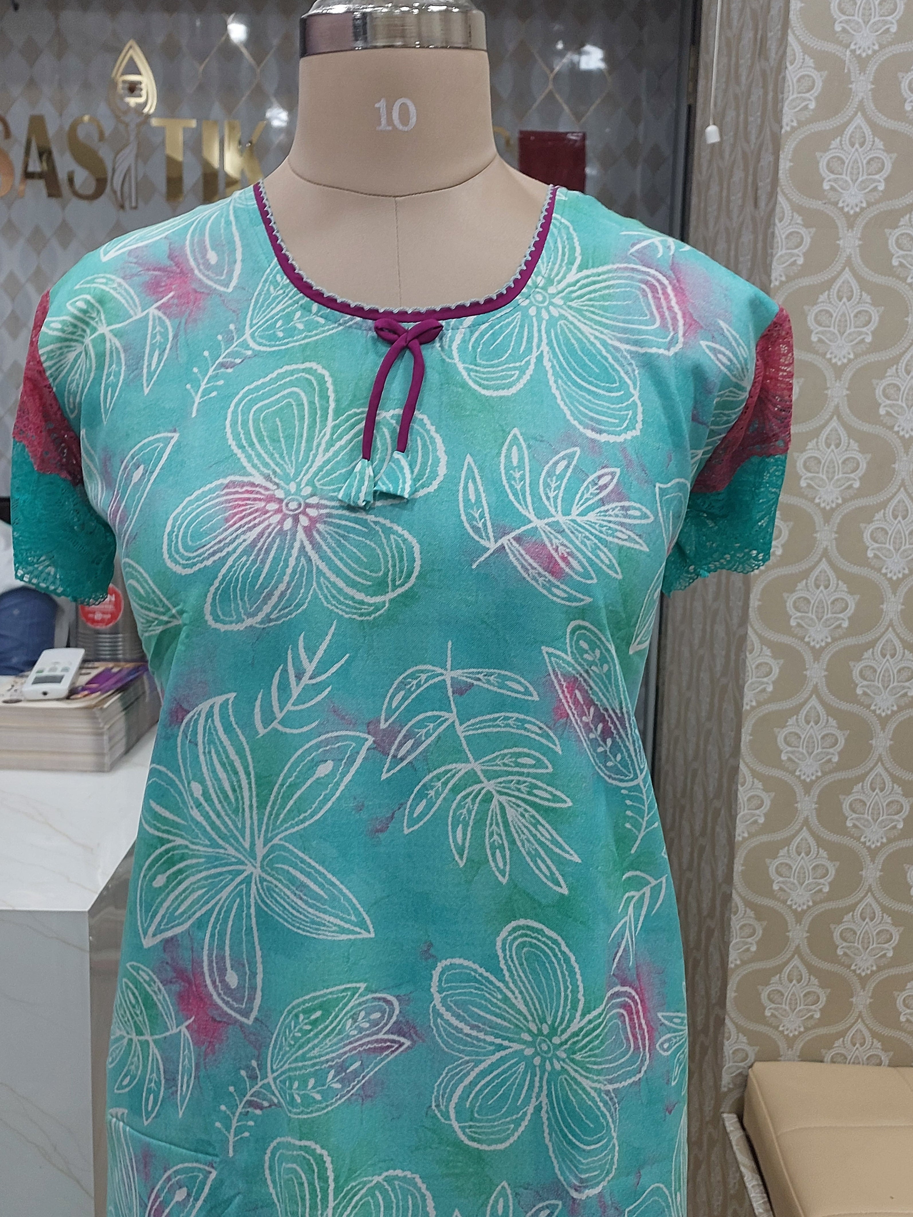 Teal Blue Printed Nighty