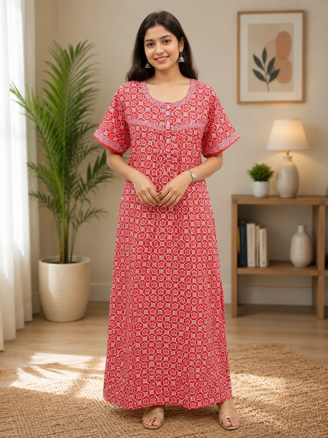 Crimson Red Printed Cotton Nighty