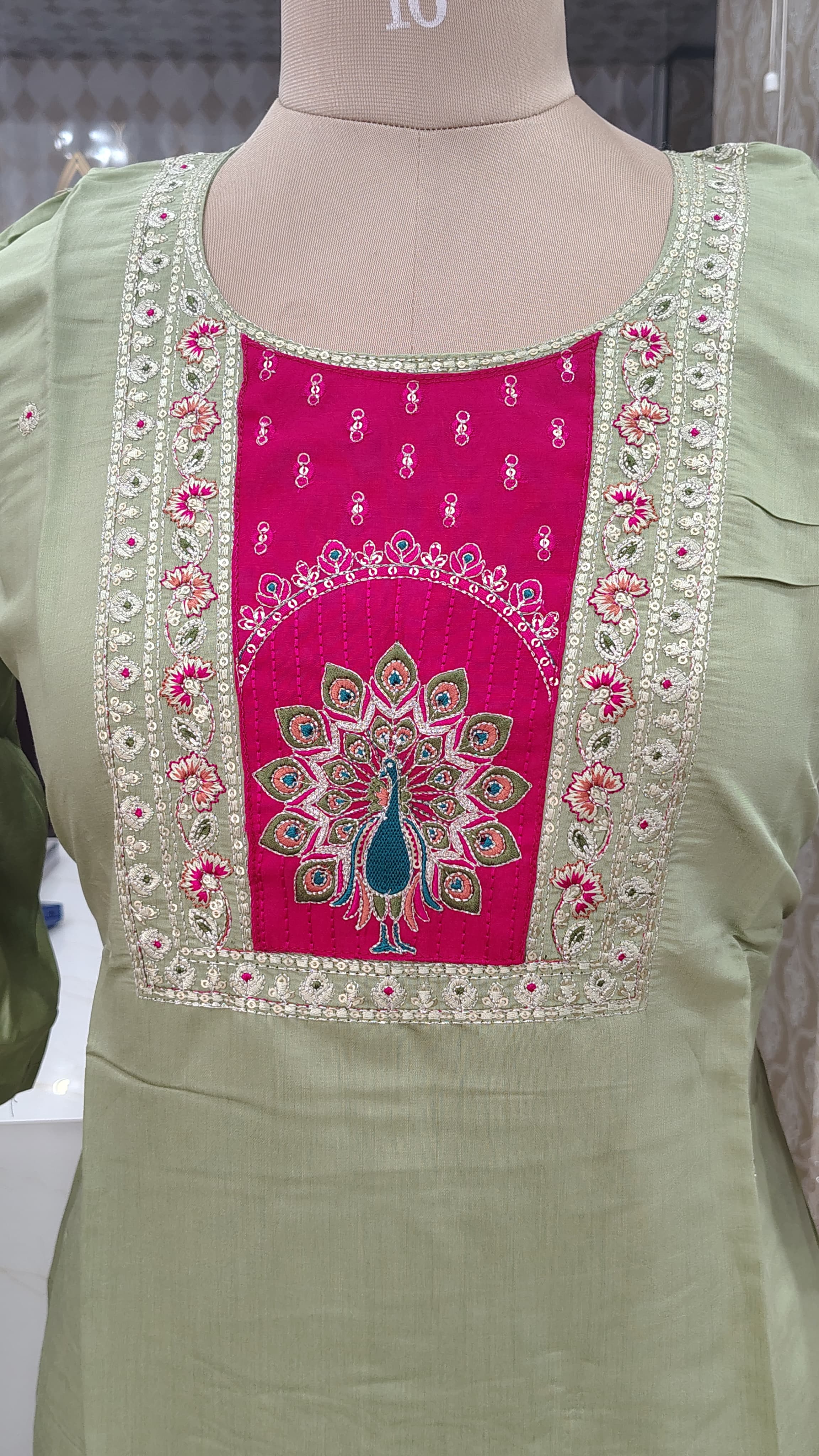 Pink and geen Embroidered  kurti set