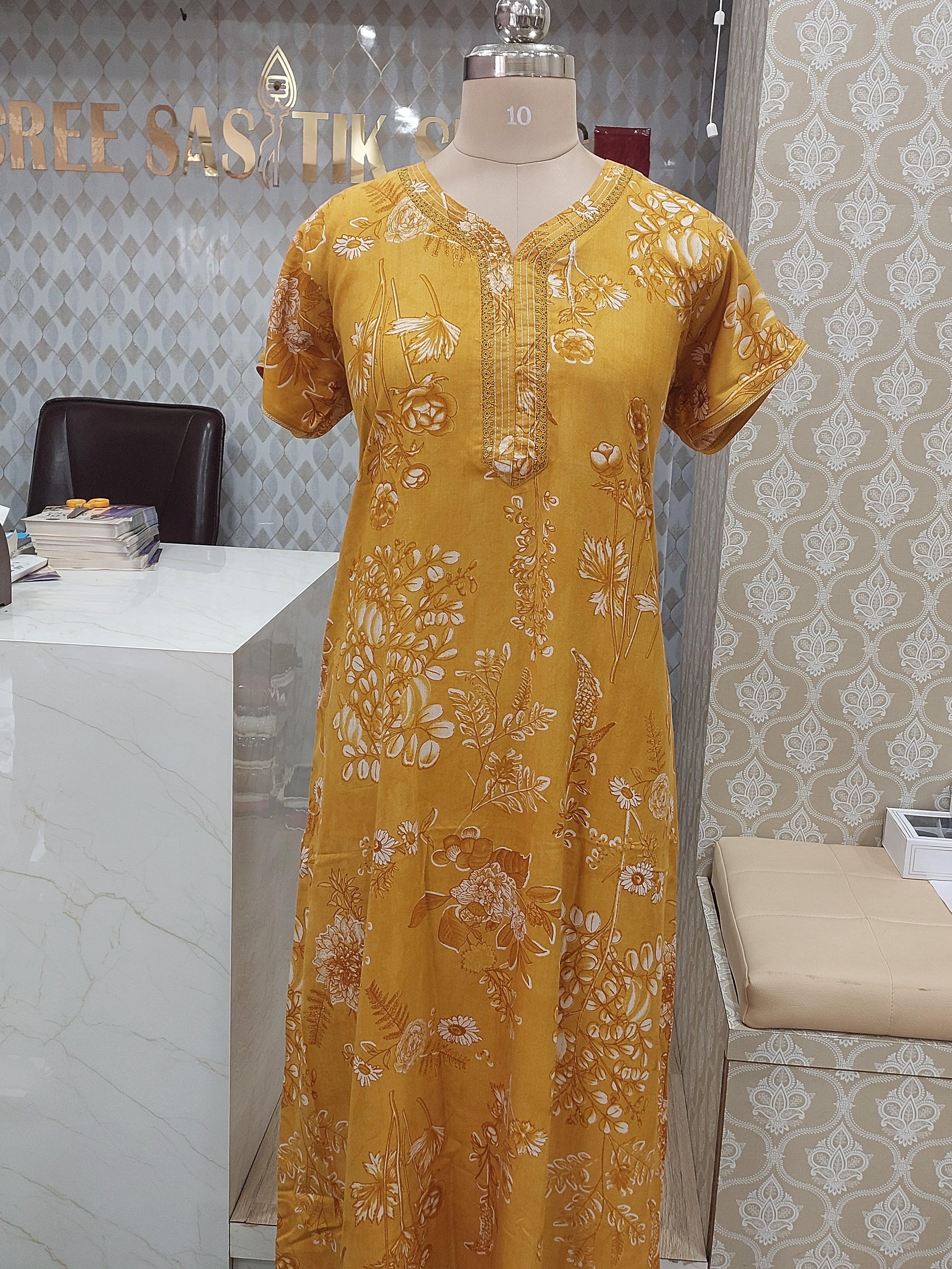 Mustard Yellow Floral Cotton Nighty