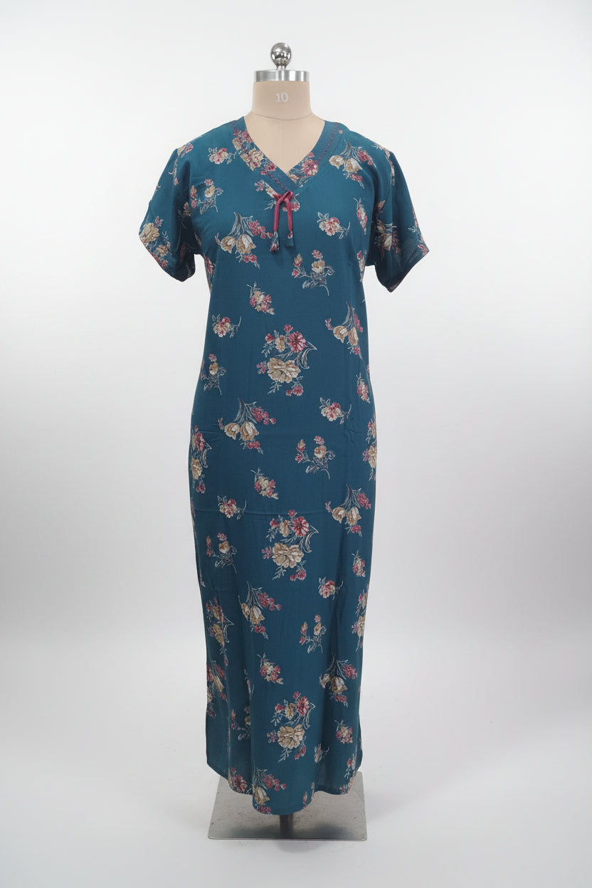 Teal Blue floral cotton nighty