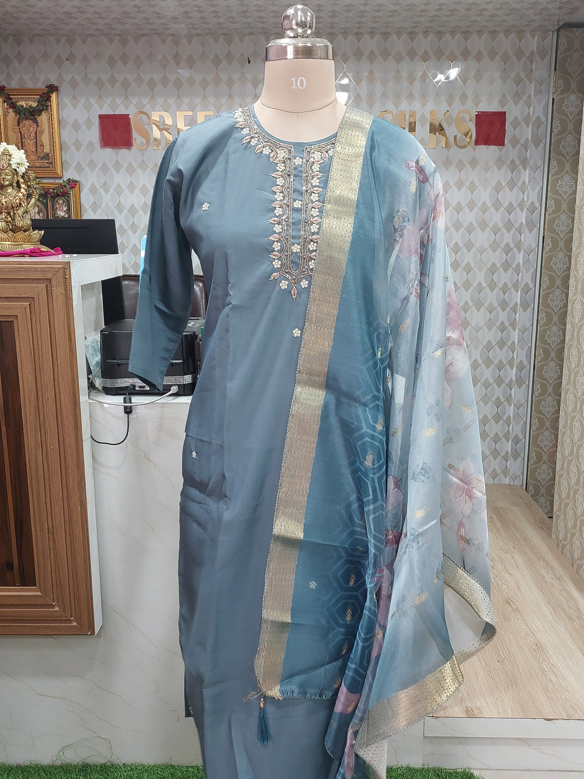Steel-Blue Embroidered  Kurti SET