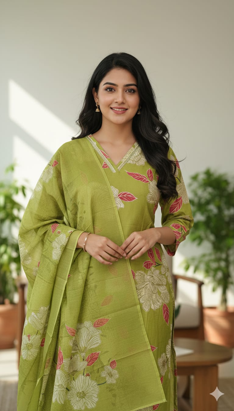 Fresh Green Floral Kurthi Set ✨