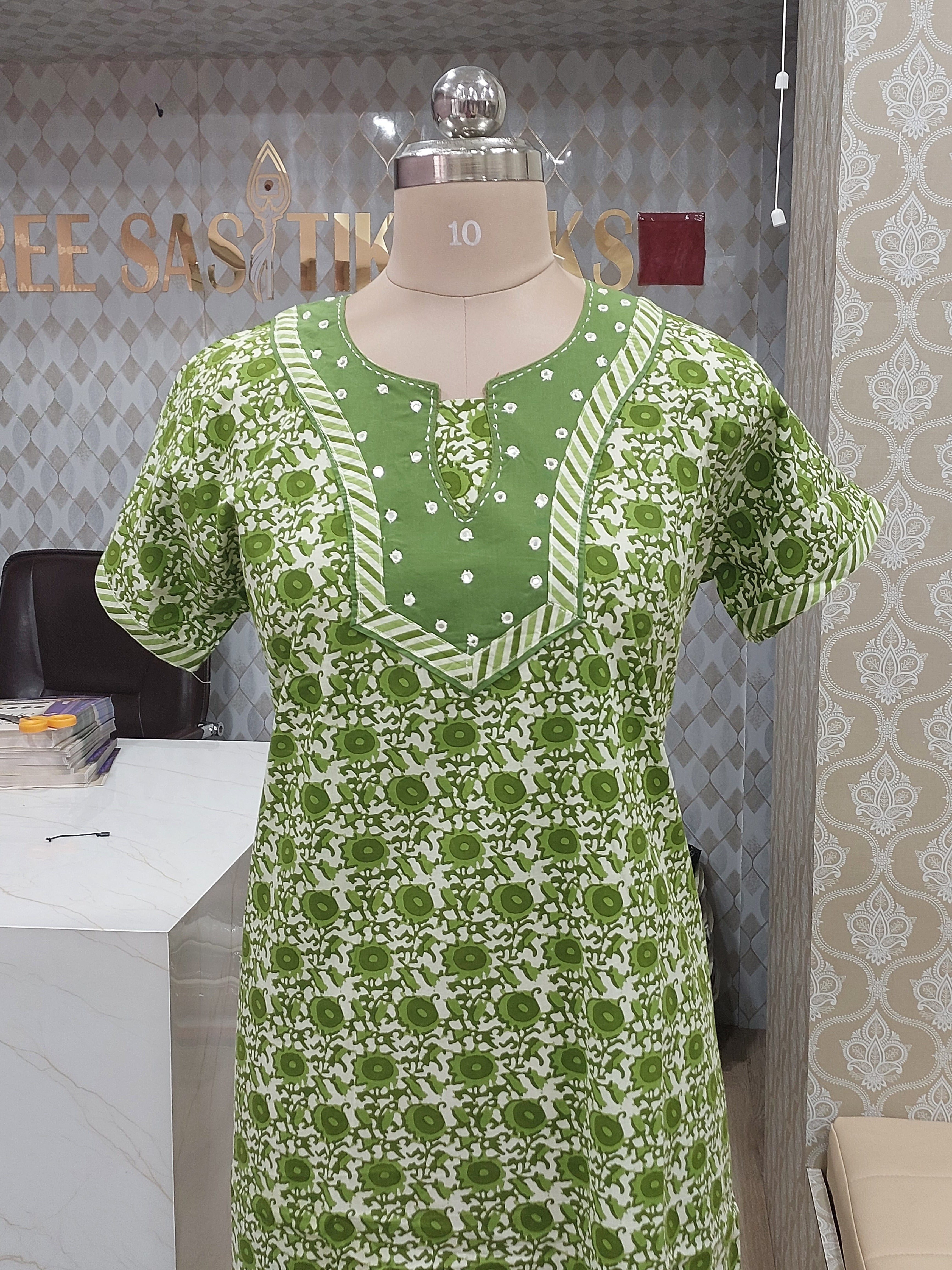 Olive Green Printed Cotton Nighty