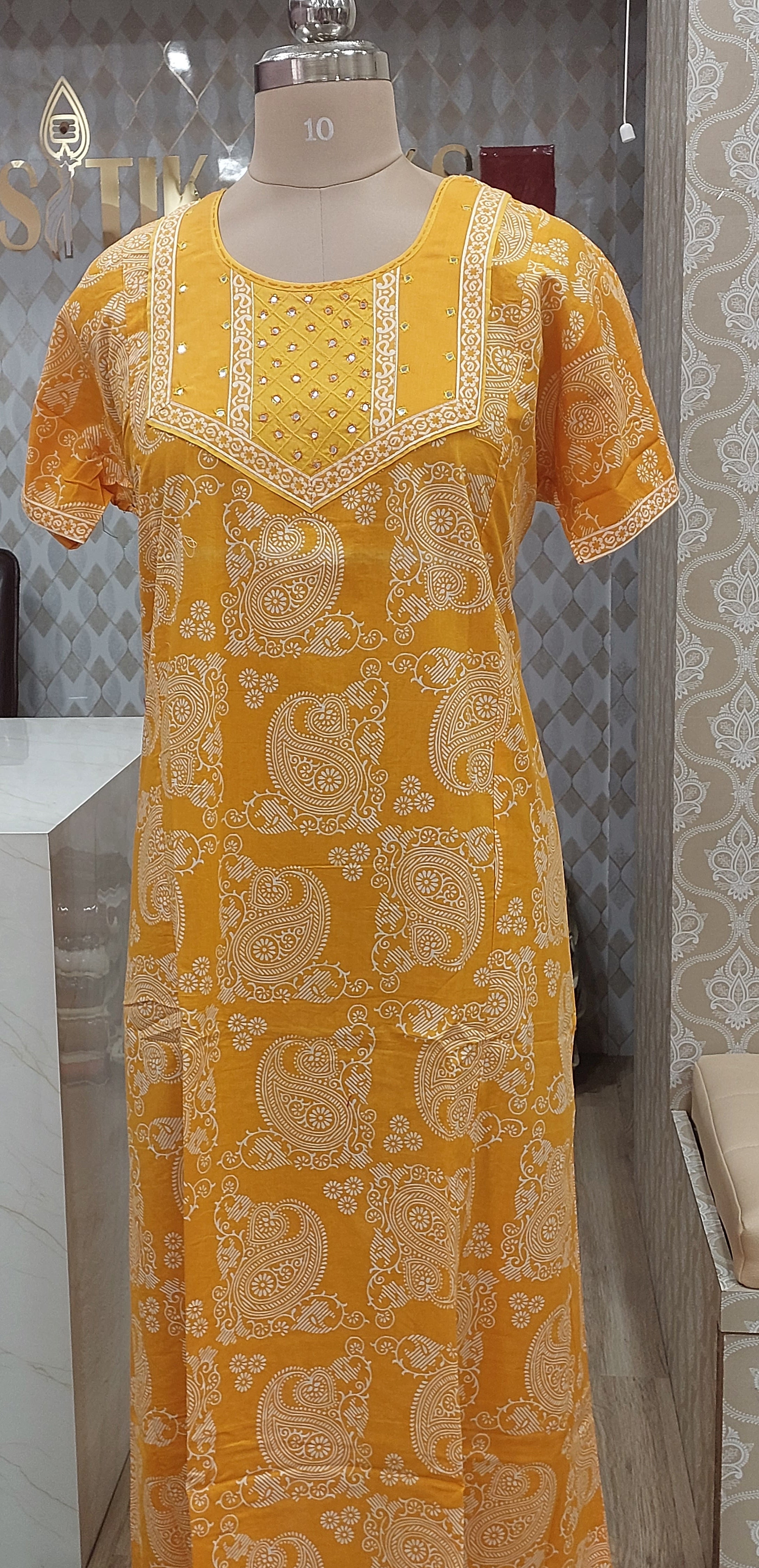 Yellow printed cotton nighty