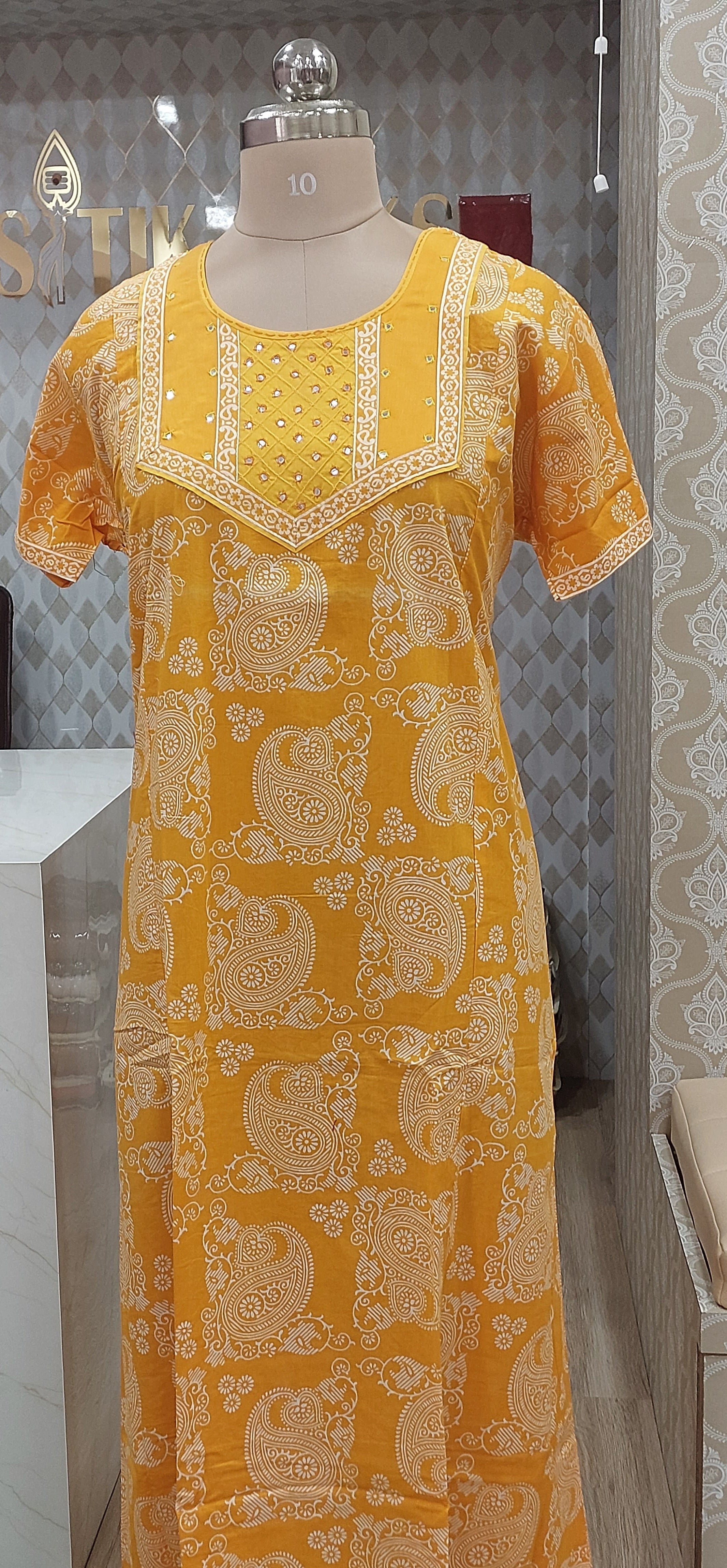 Yellow printed cotton nighty