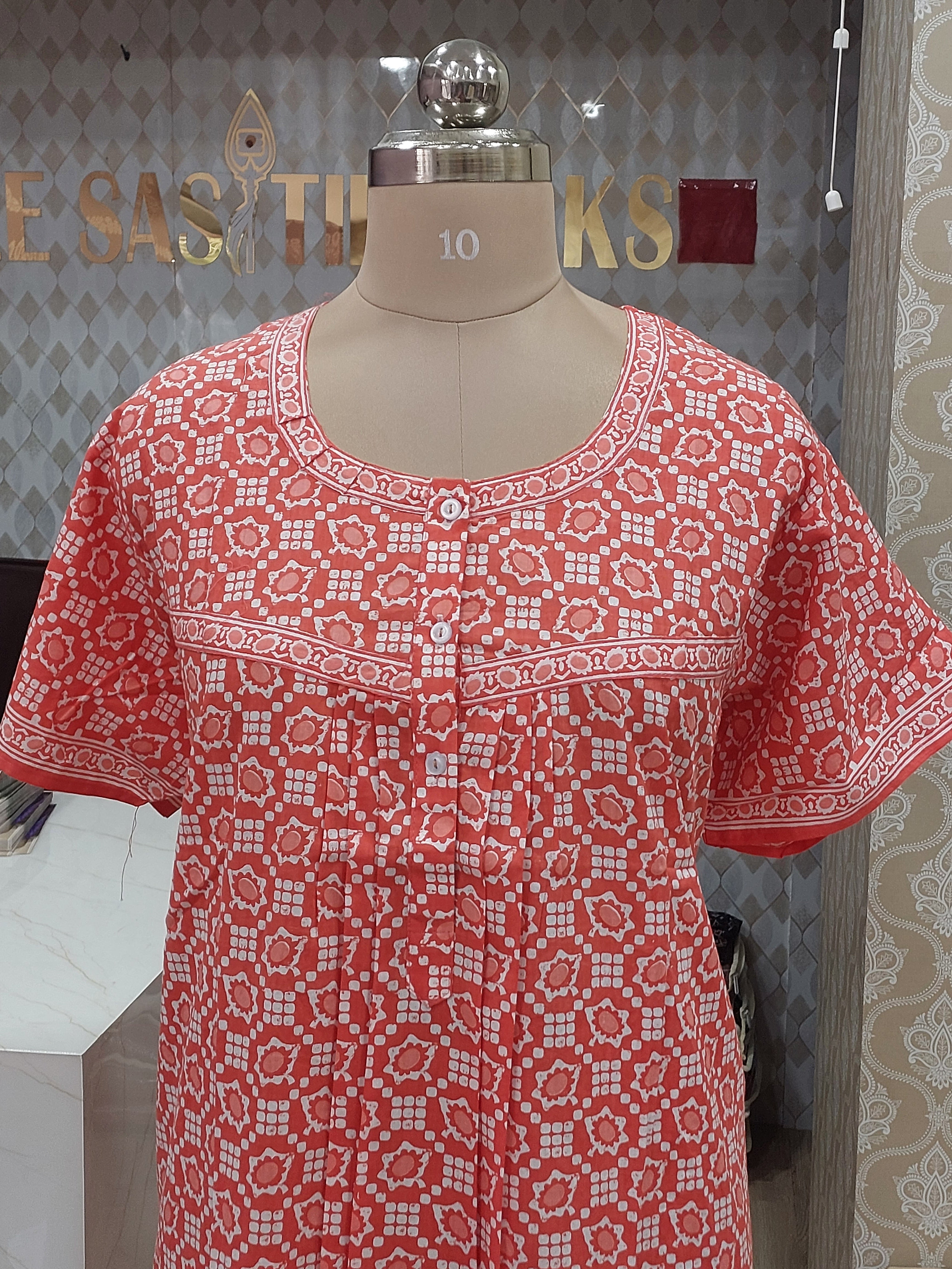Crimson Red Printed Cotton Nighty