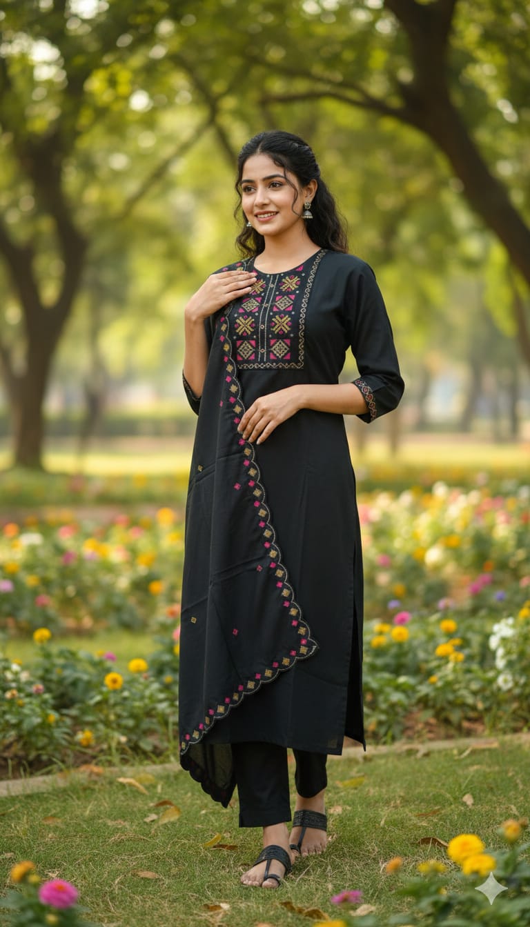 Elegant Black Embroidered Kurthi Set