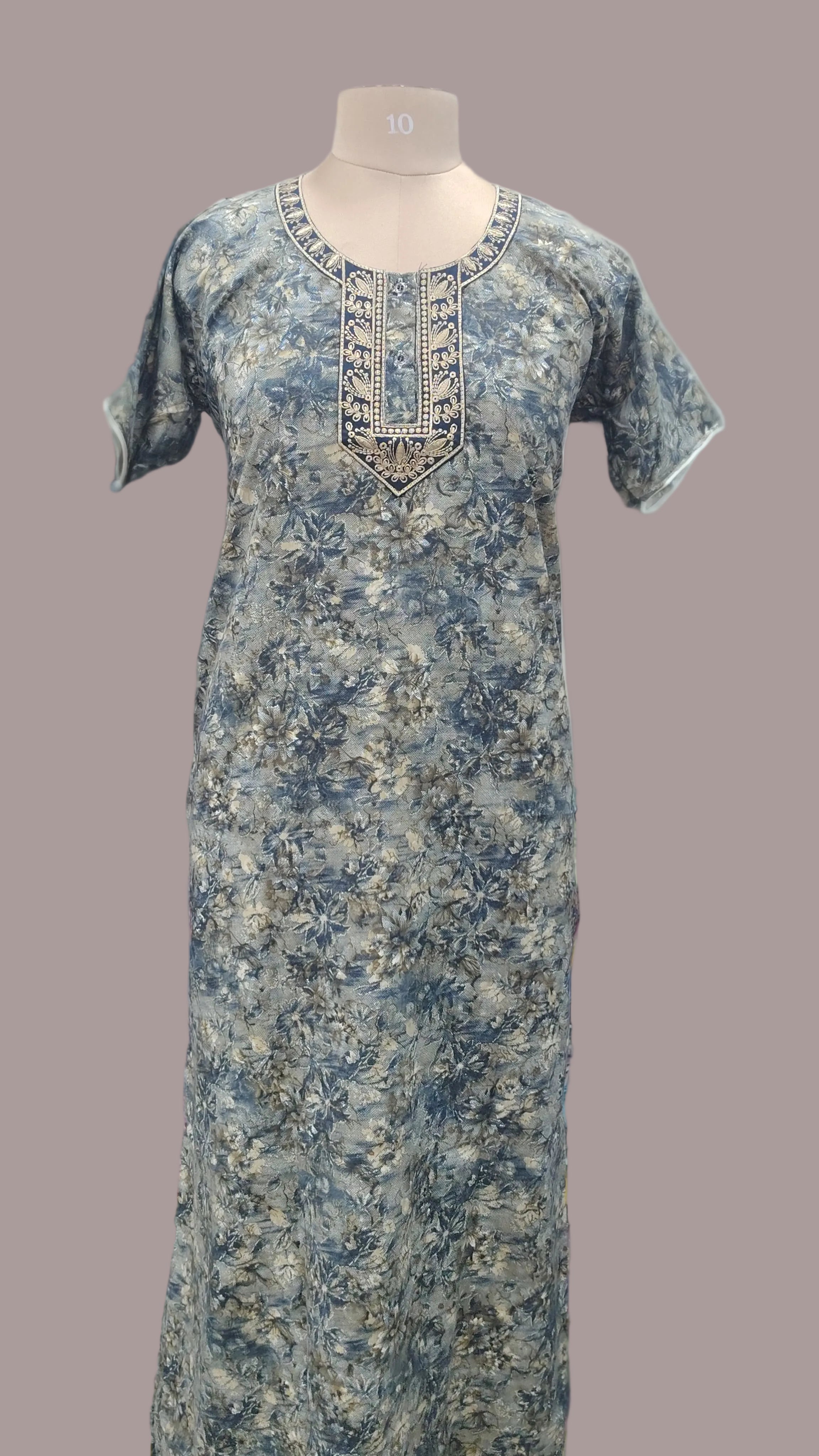 Greyish-blue floral cotton nighty
