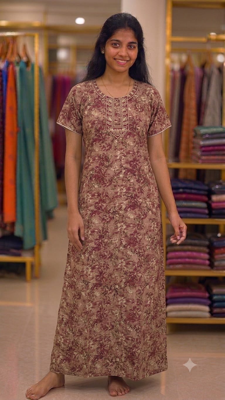 Maroon floral cotton nighty