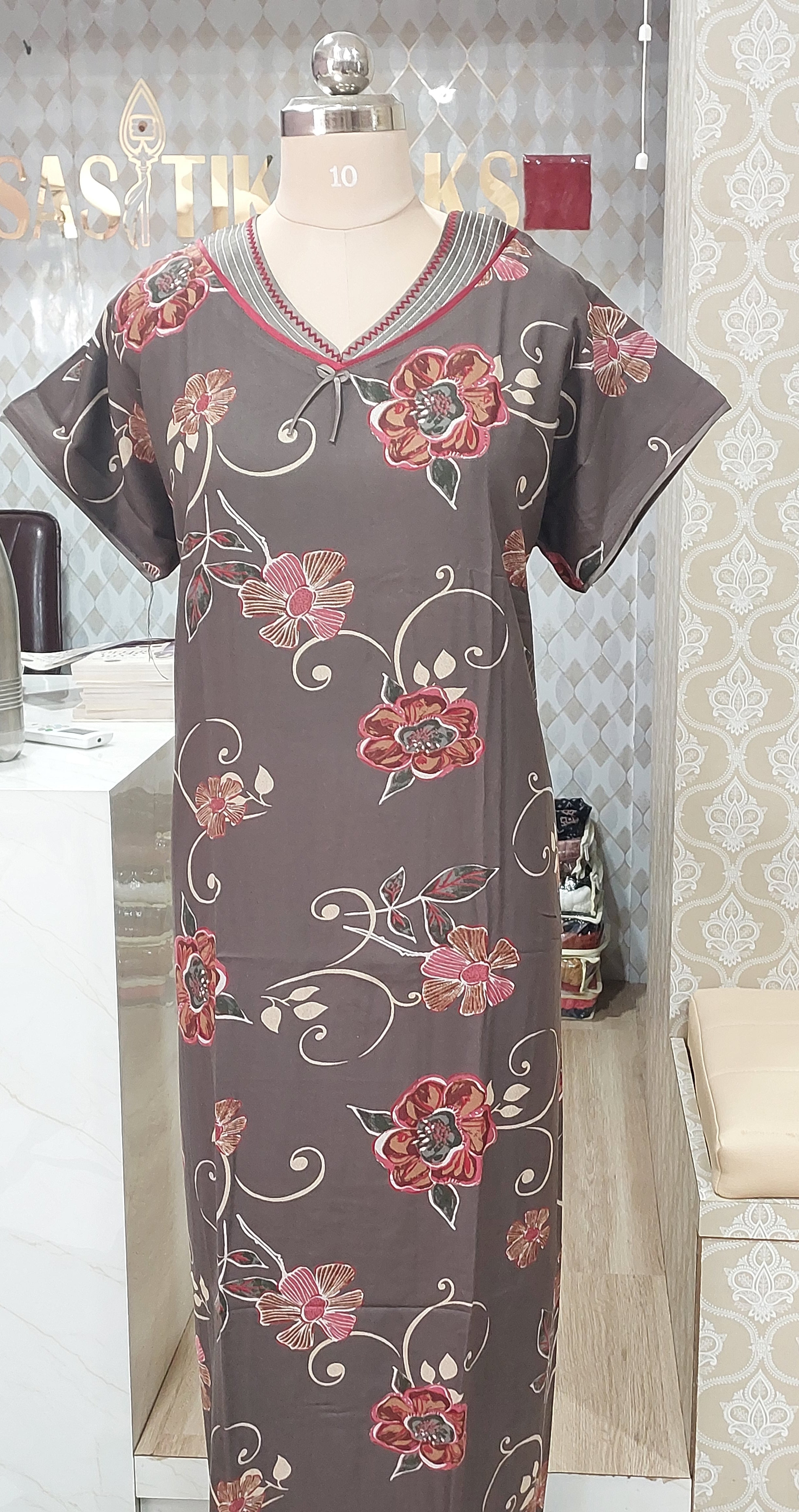 Brown Floral Printed Nighty