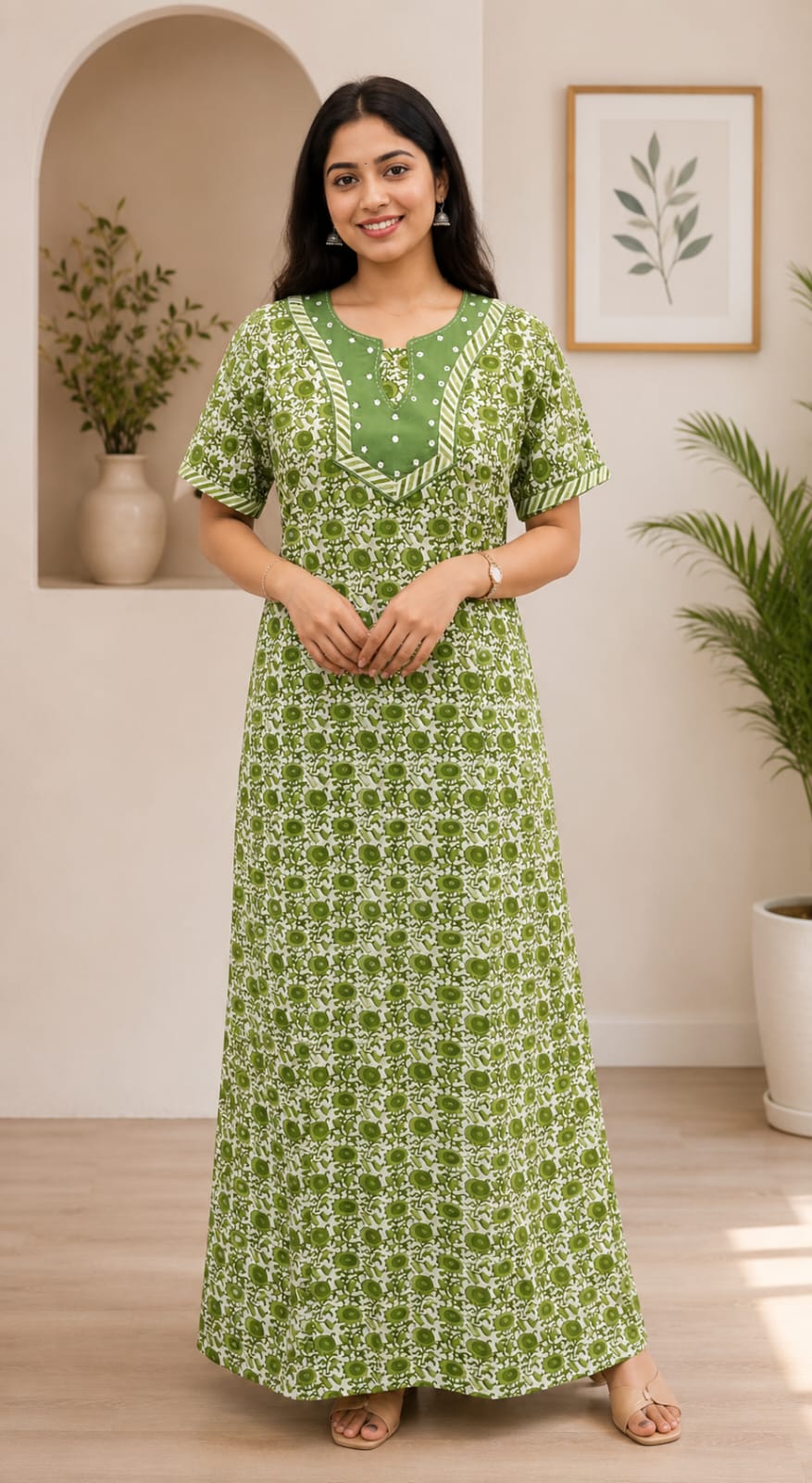 Olive Green Printed Cotton Nighty