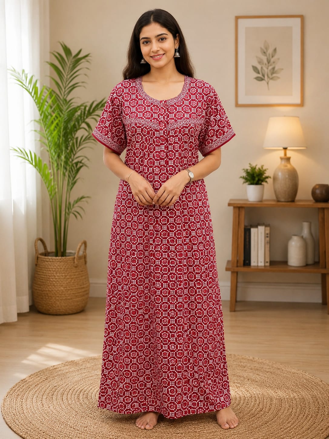 Maroon Printed Cotton Nighty