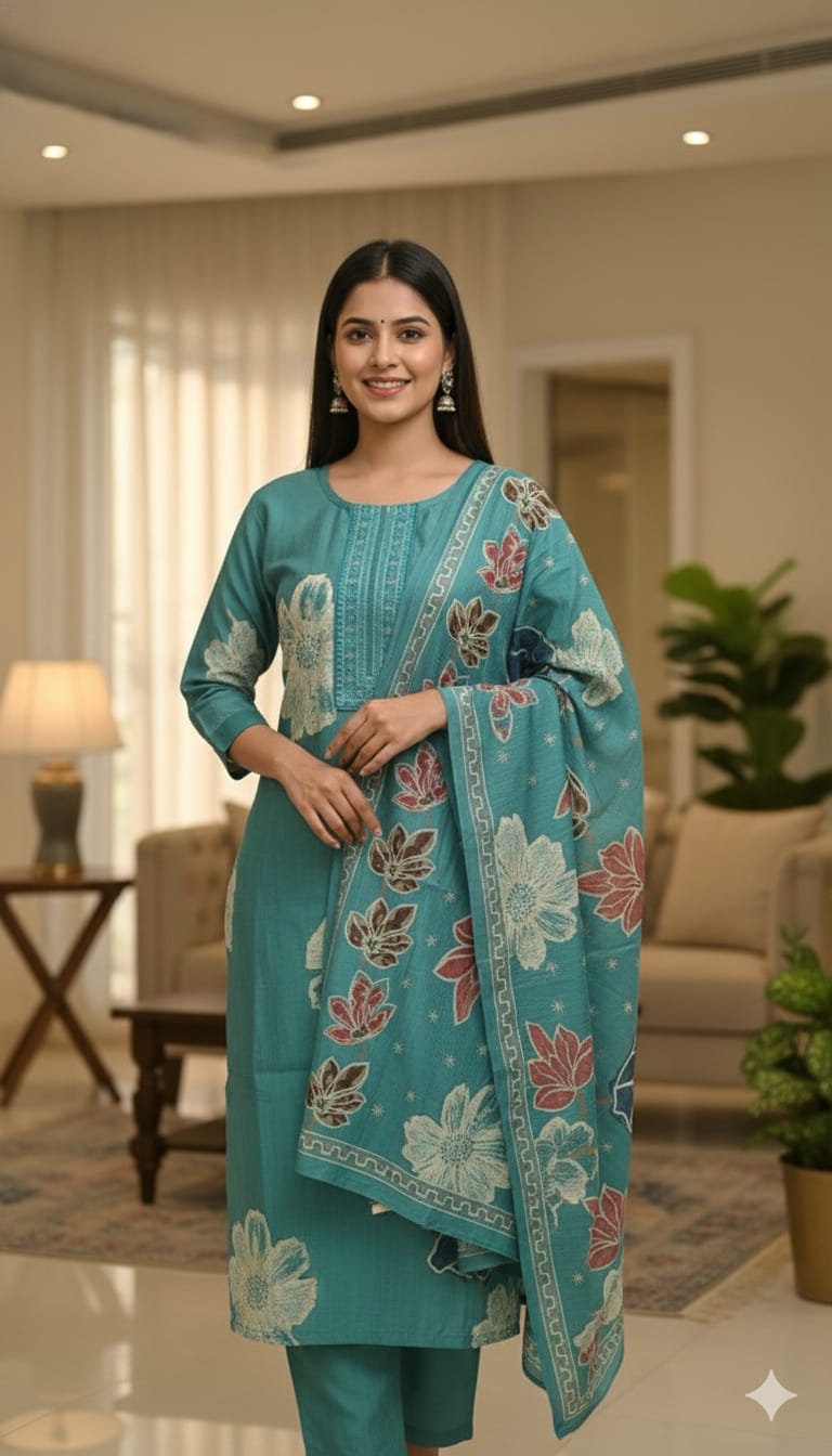 Elegant teal cotton blend kurthi set