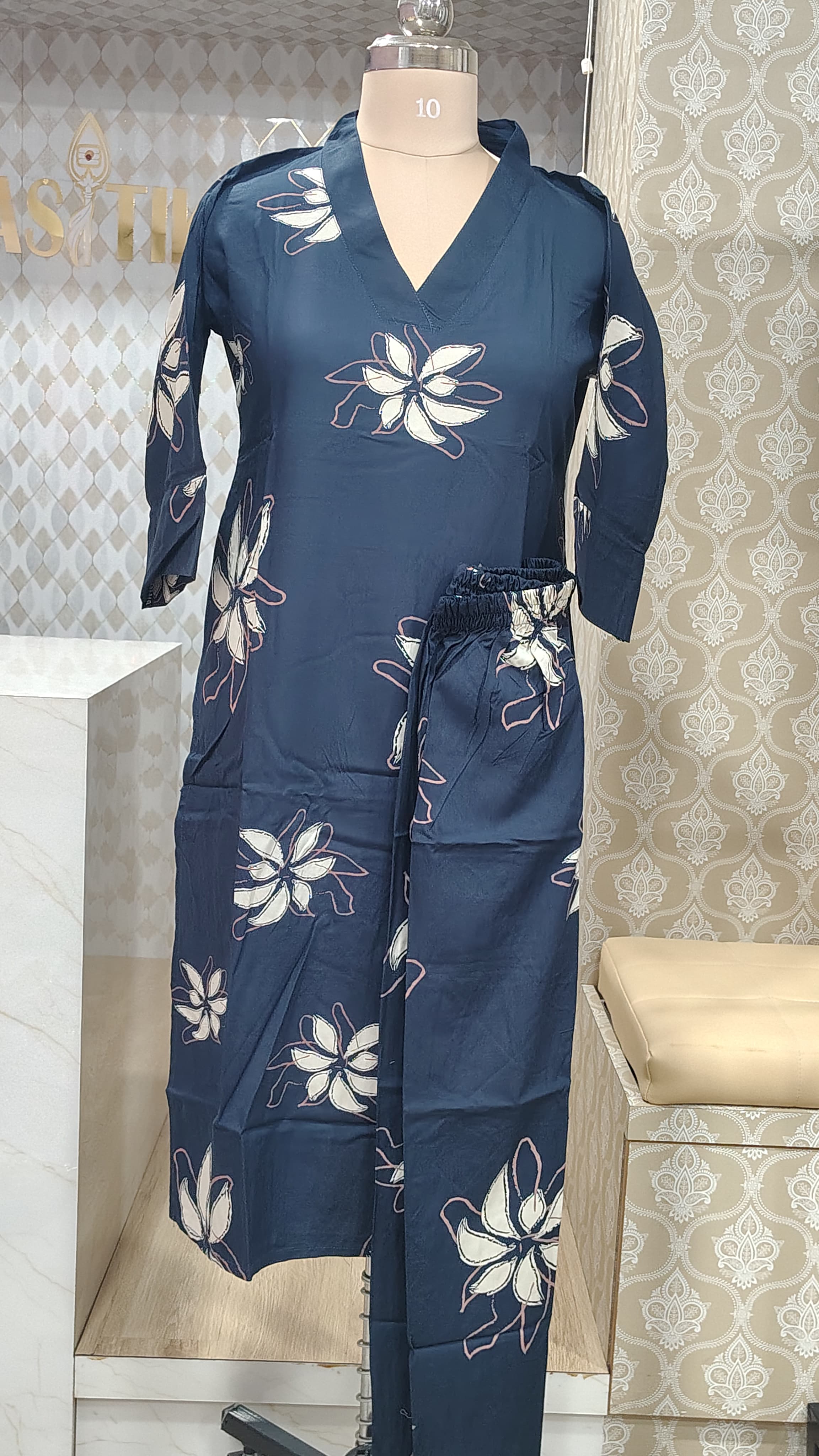 Navy blue floral kurti set