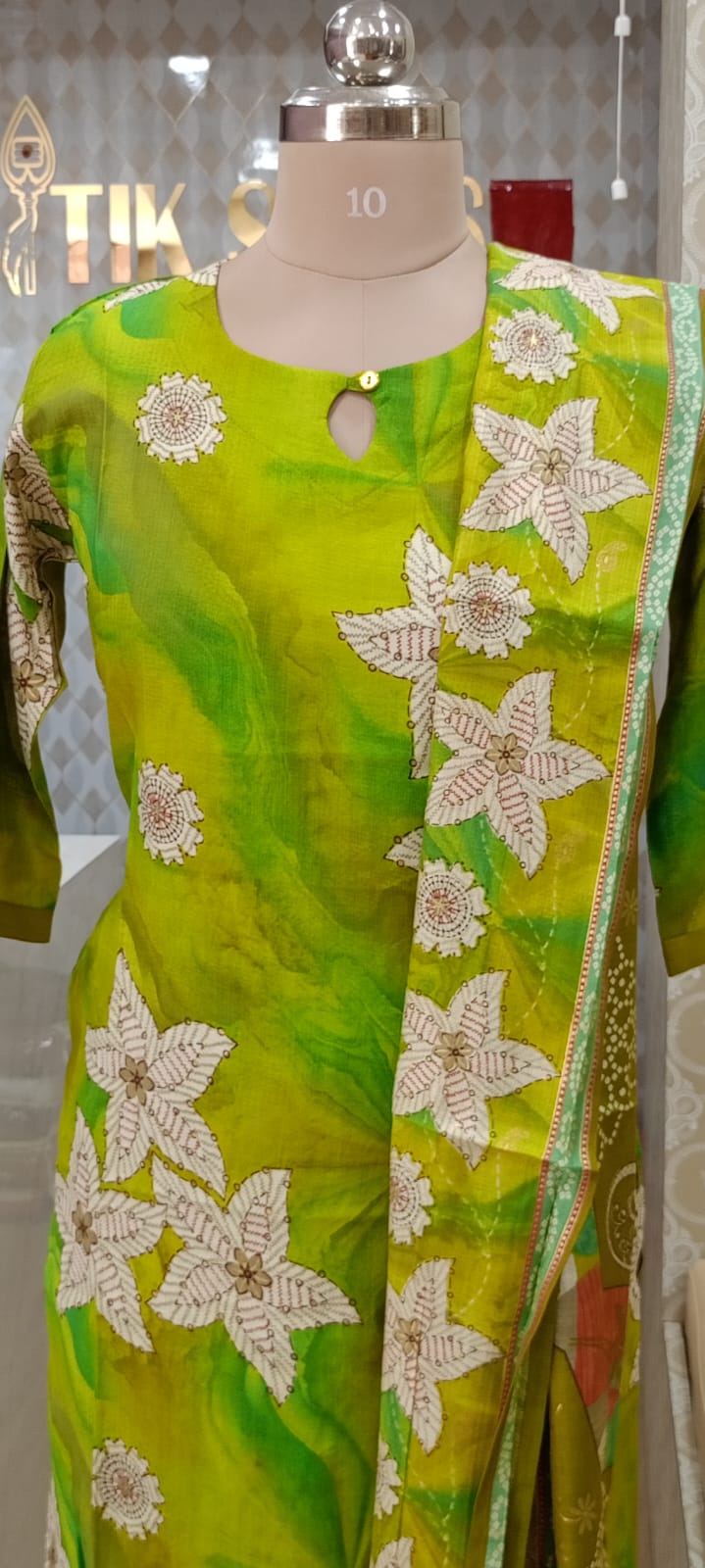 Elegant Bright Lime Green Floral Printed Kurti Set