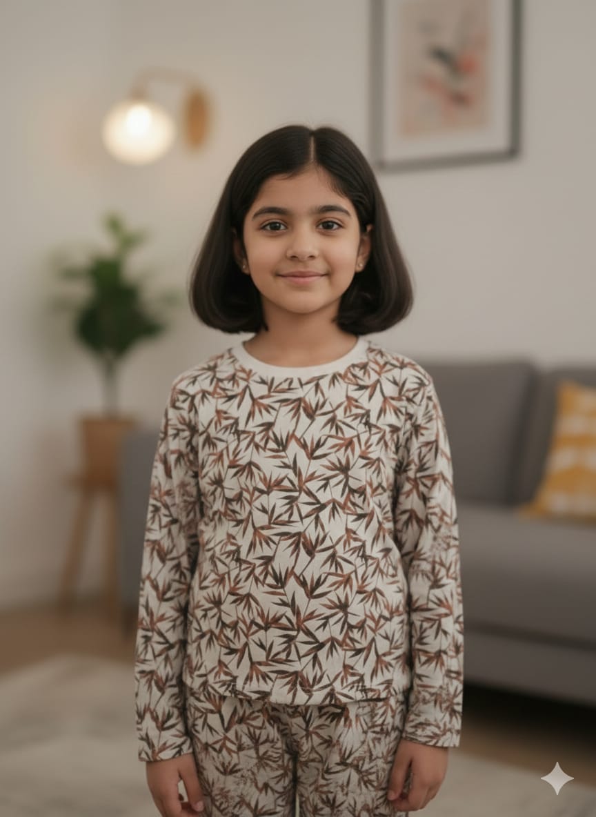 A matching long-sleeve crewneck top and full-length trousers.