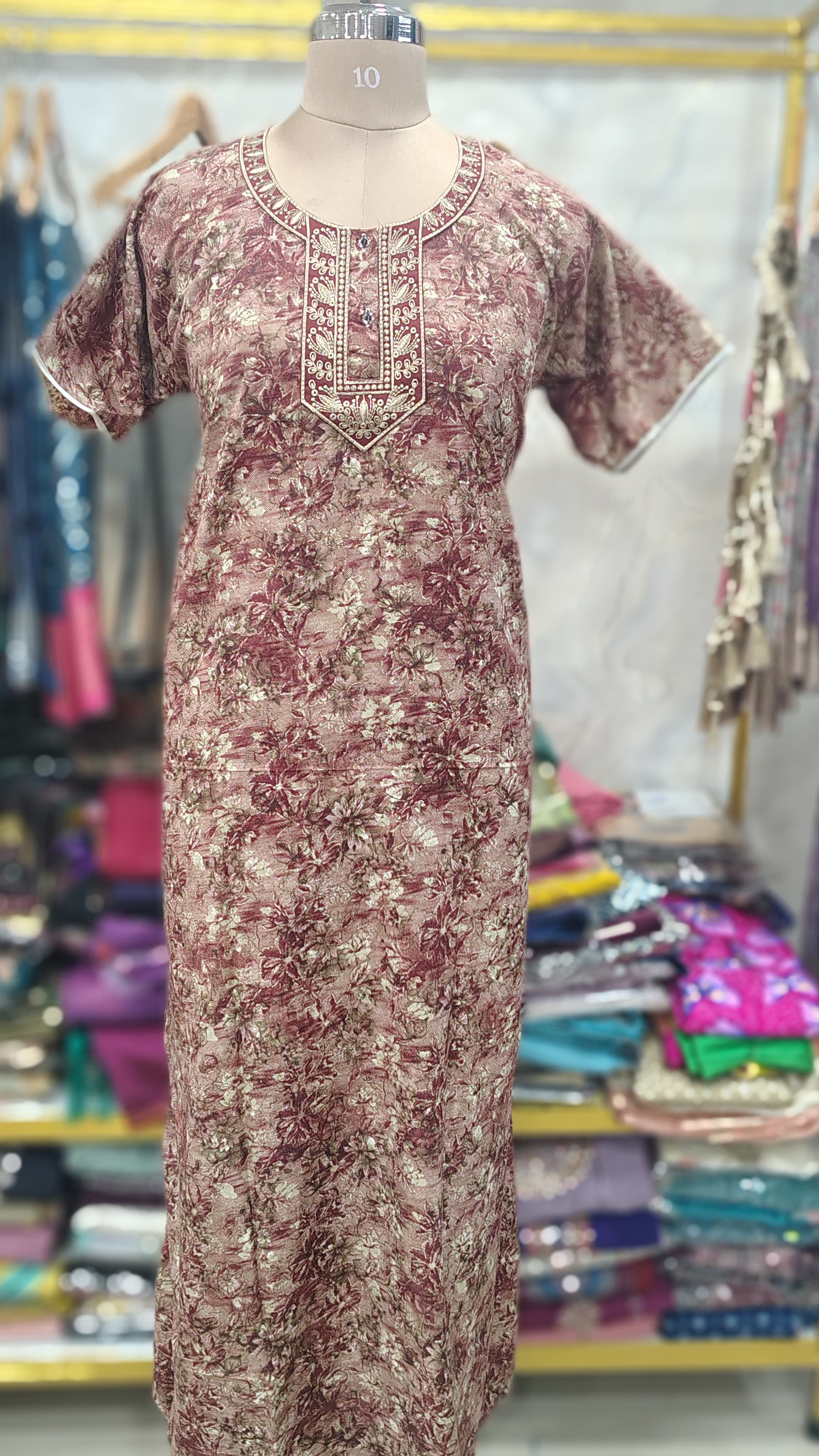Maroon floral cotton nighty
