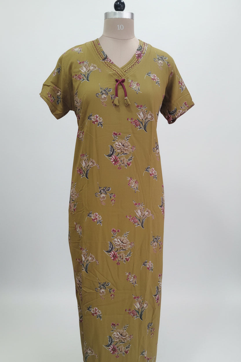 Mustard Floral Cotton nighty