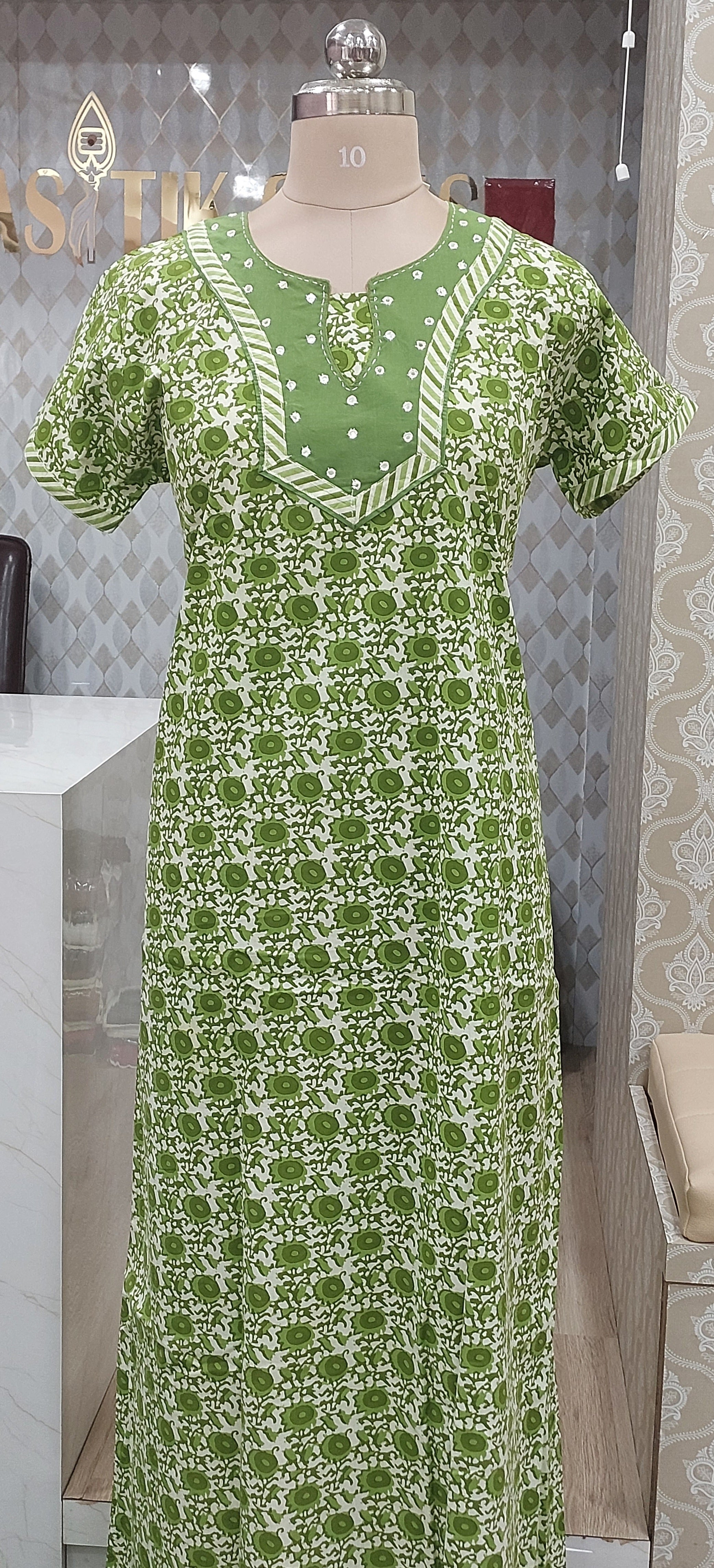 Olive Green Printed Cotton Nighty