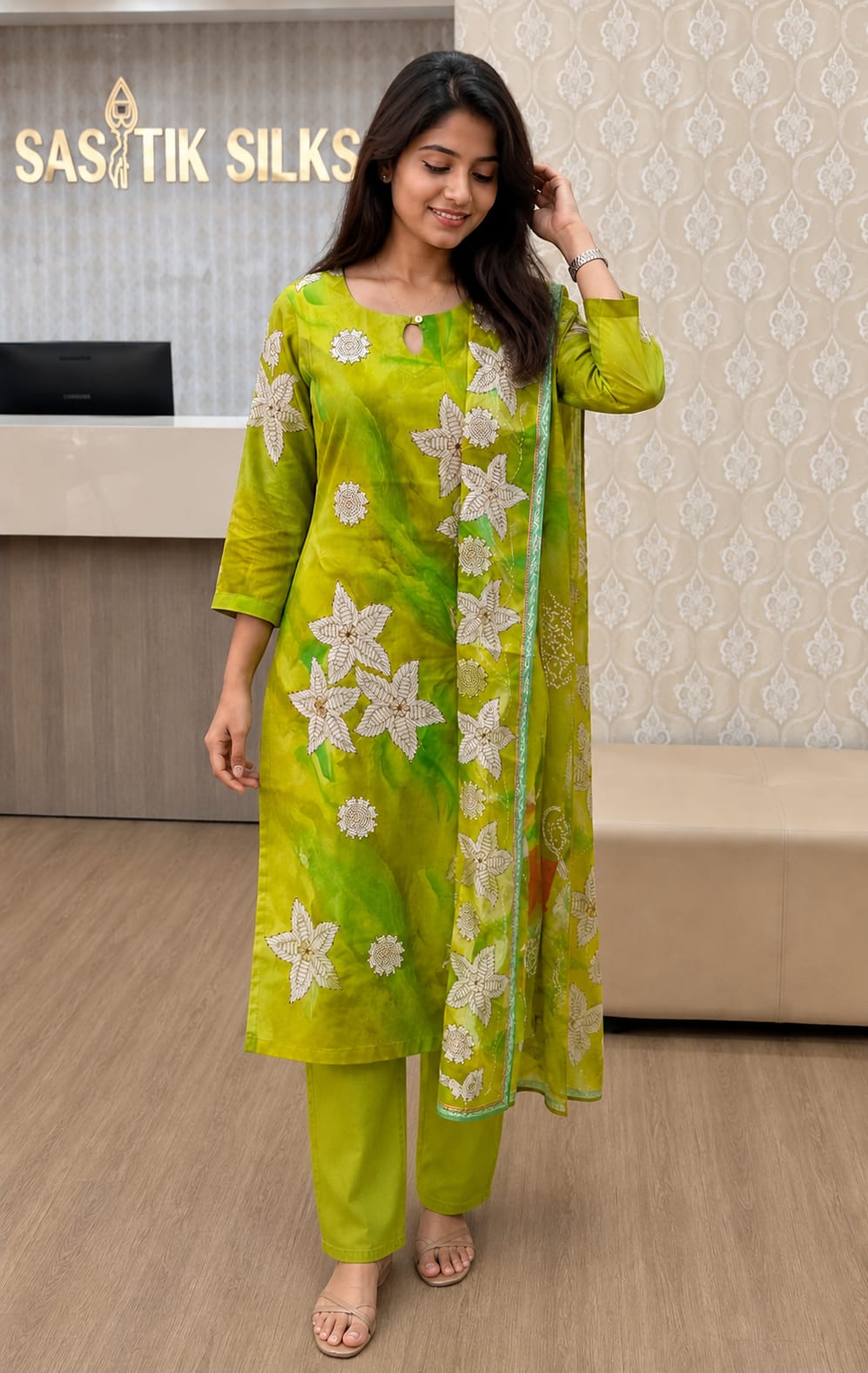 Elegant Bright Lime Green Floral Printed Kurti Set