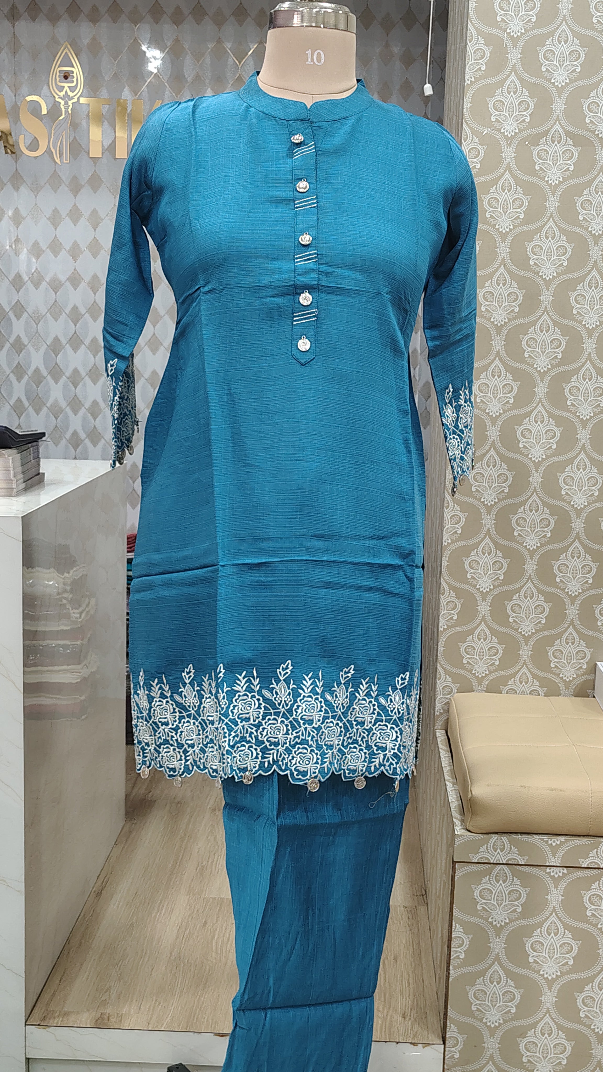 Teal blue Embroidered kuta set
