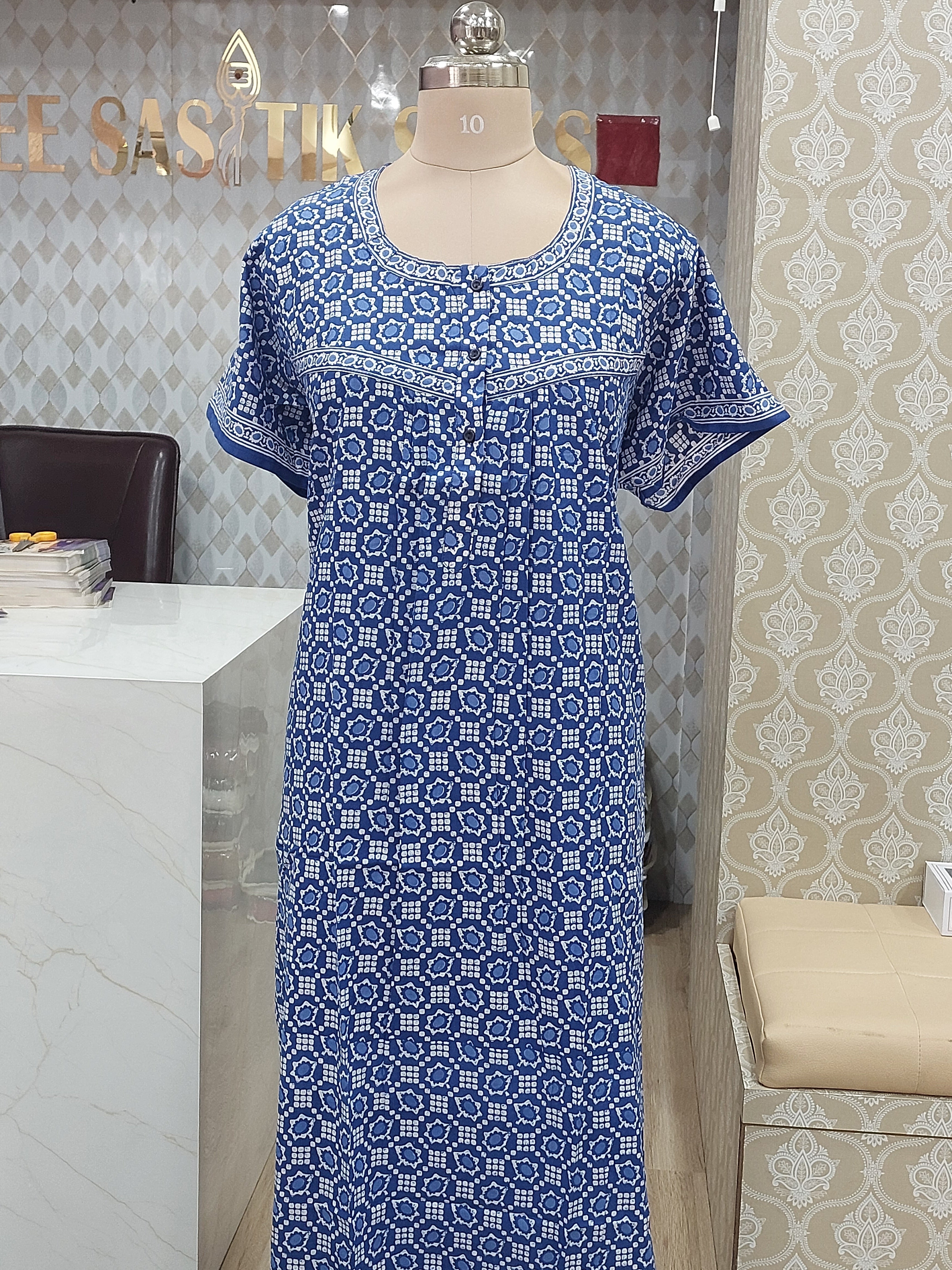 Royal Blue Printed Cotton Nighty