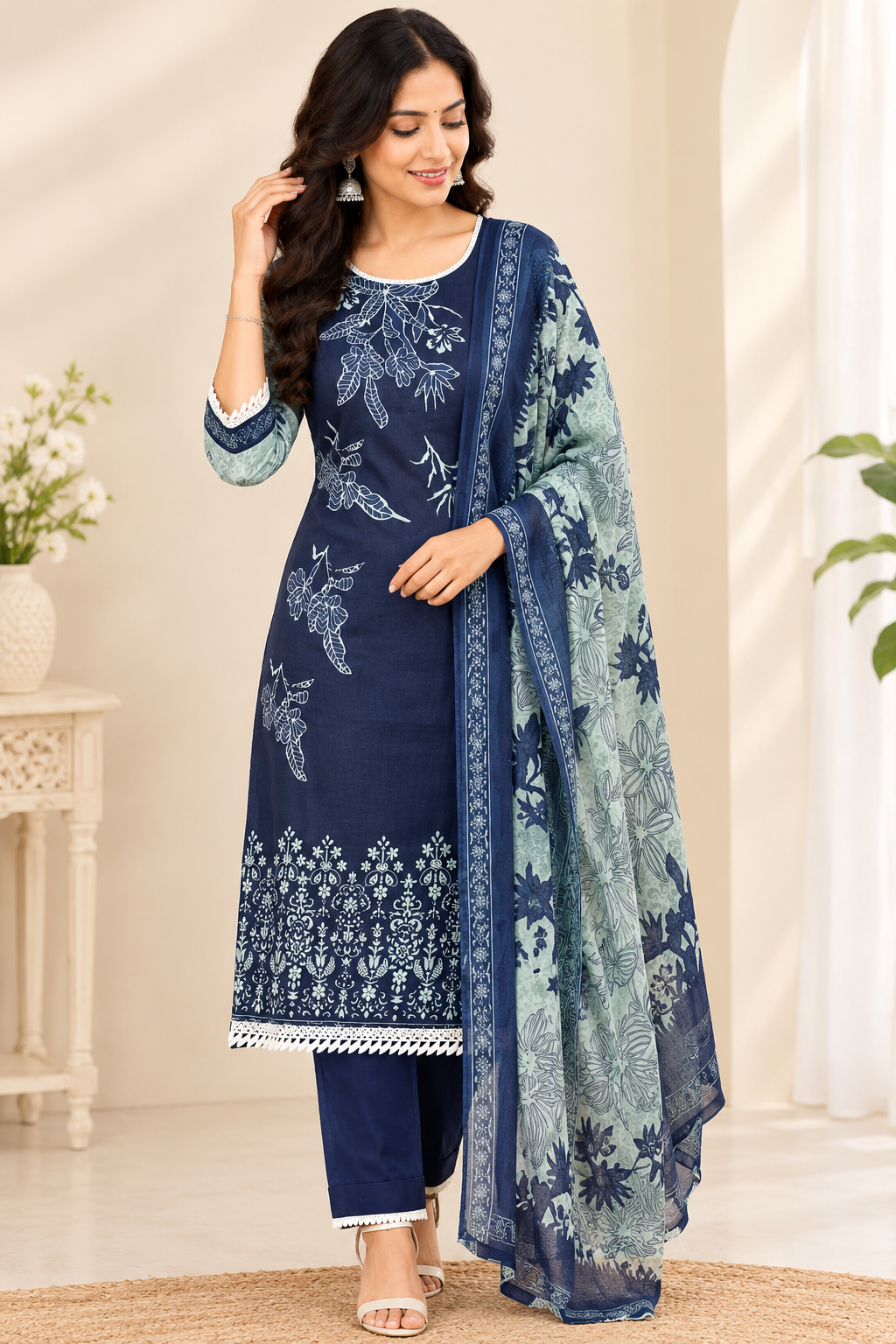 Navy Blue Floral printed kurti set