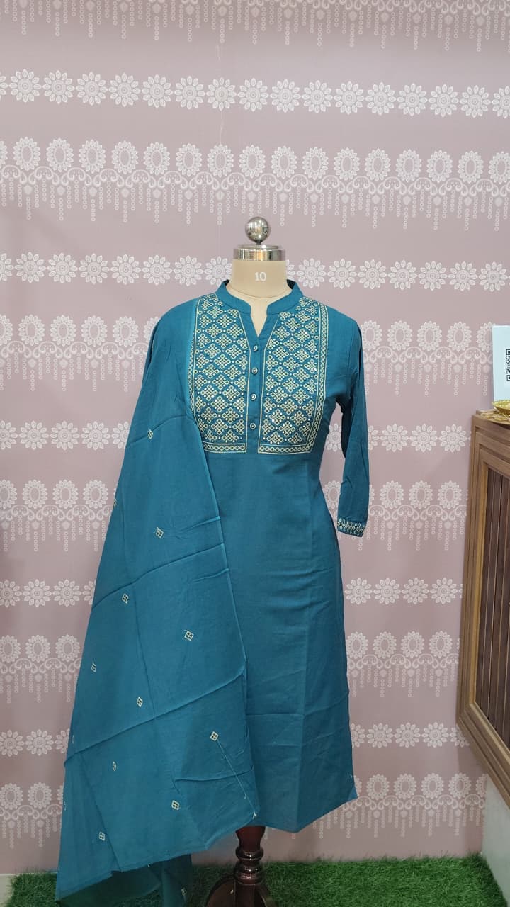 Cotton teal blue kurthi set