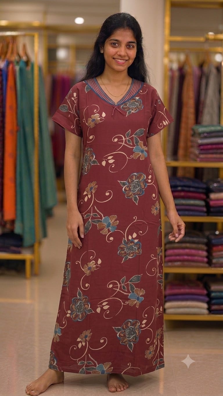 Maroon floral cotton nighty