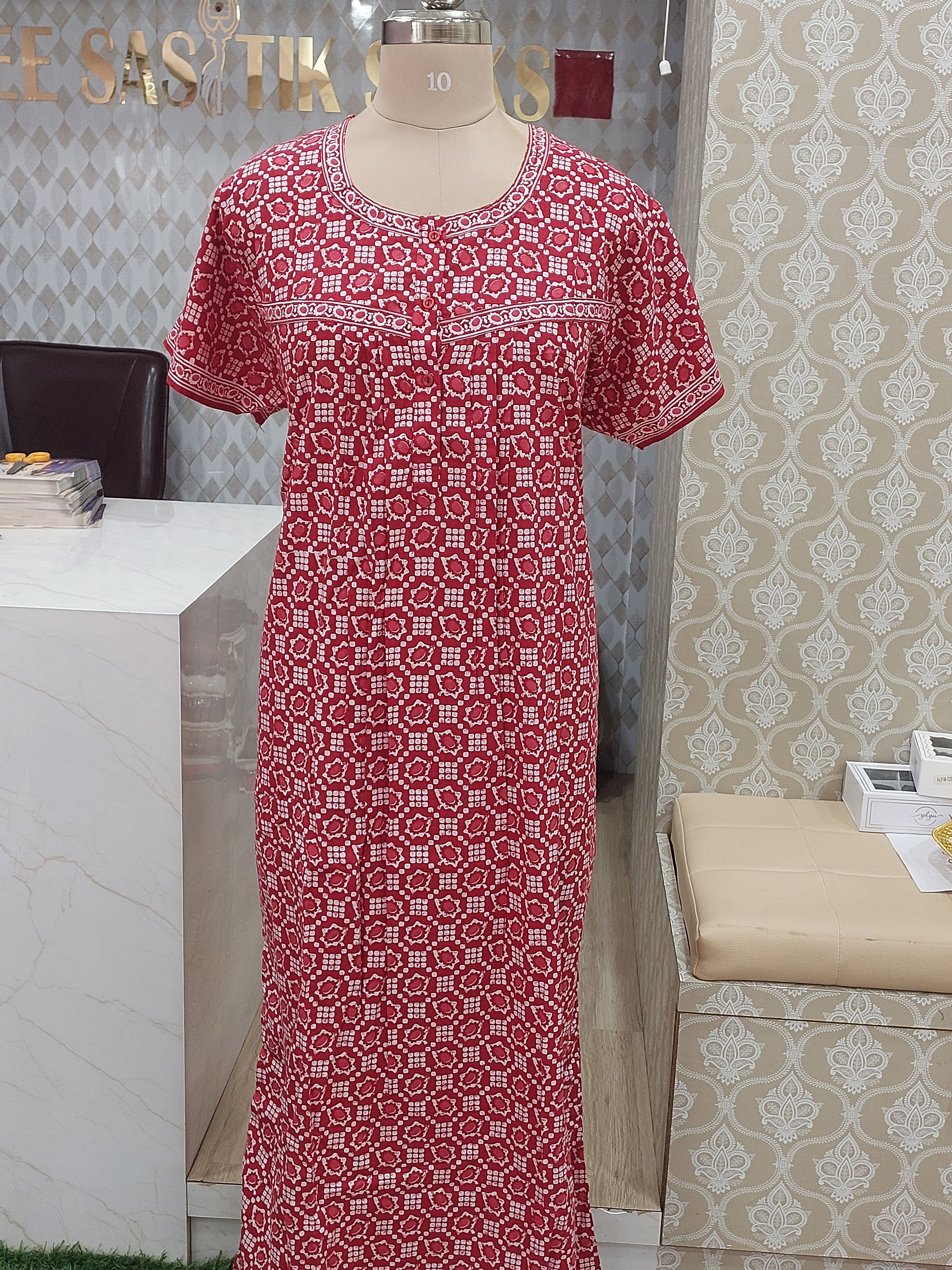 Maroon Printed Cotton Nighty