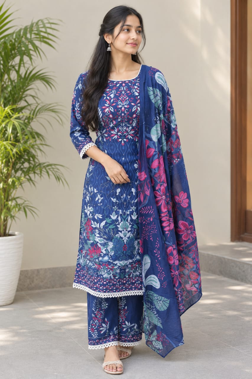 Navy Blue Floral printed kurti set
