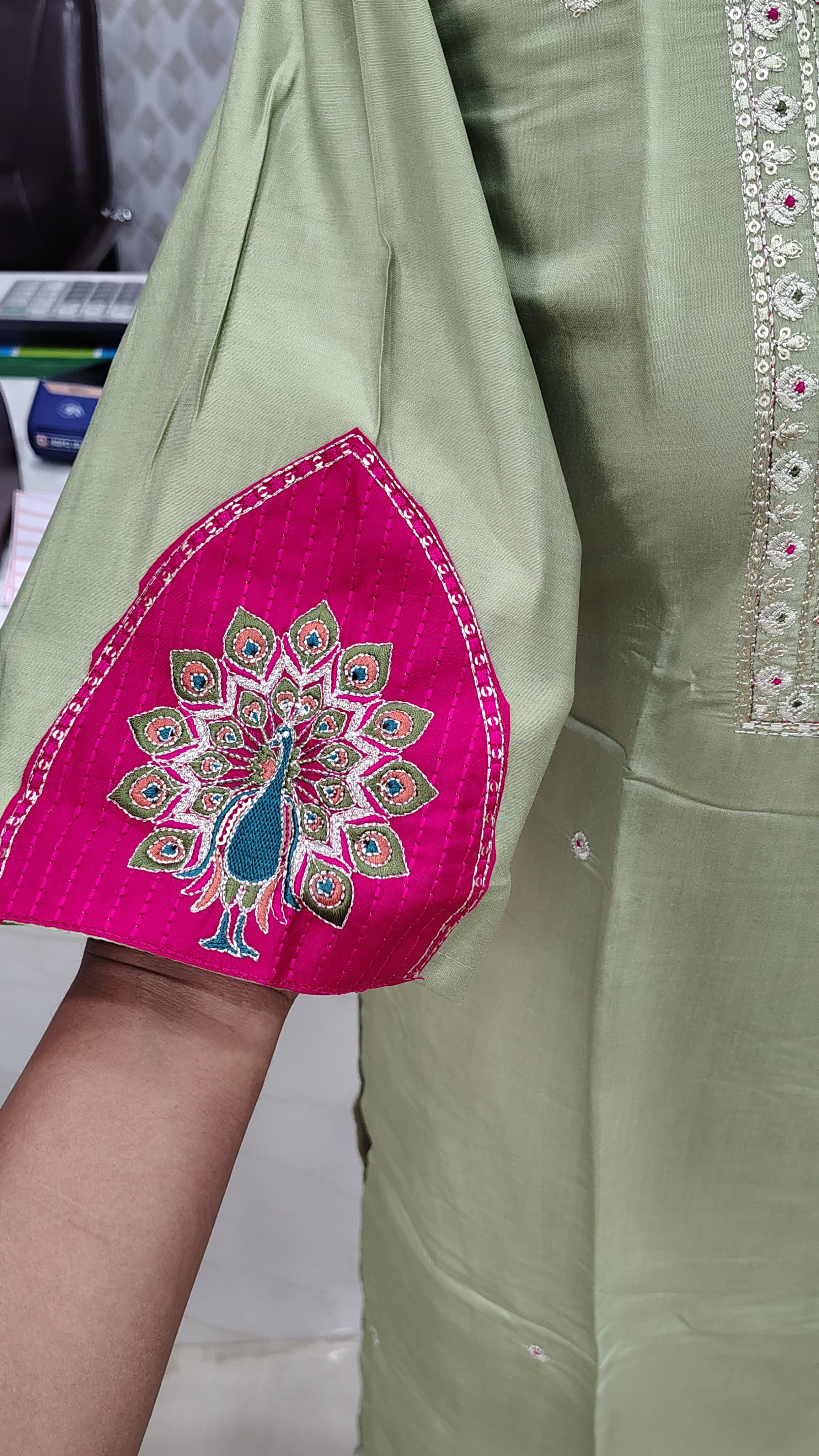 Pink and geen Embroidered  kurti set