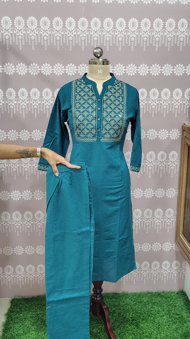 Cotton teal blue kurthi set