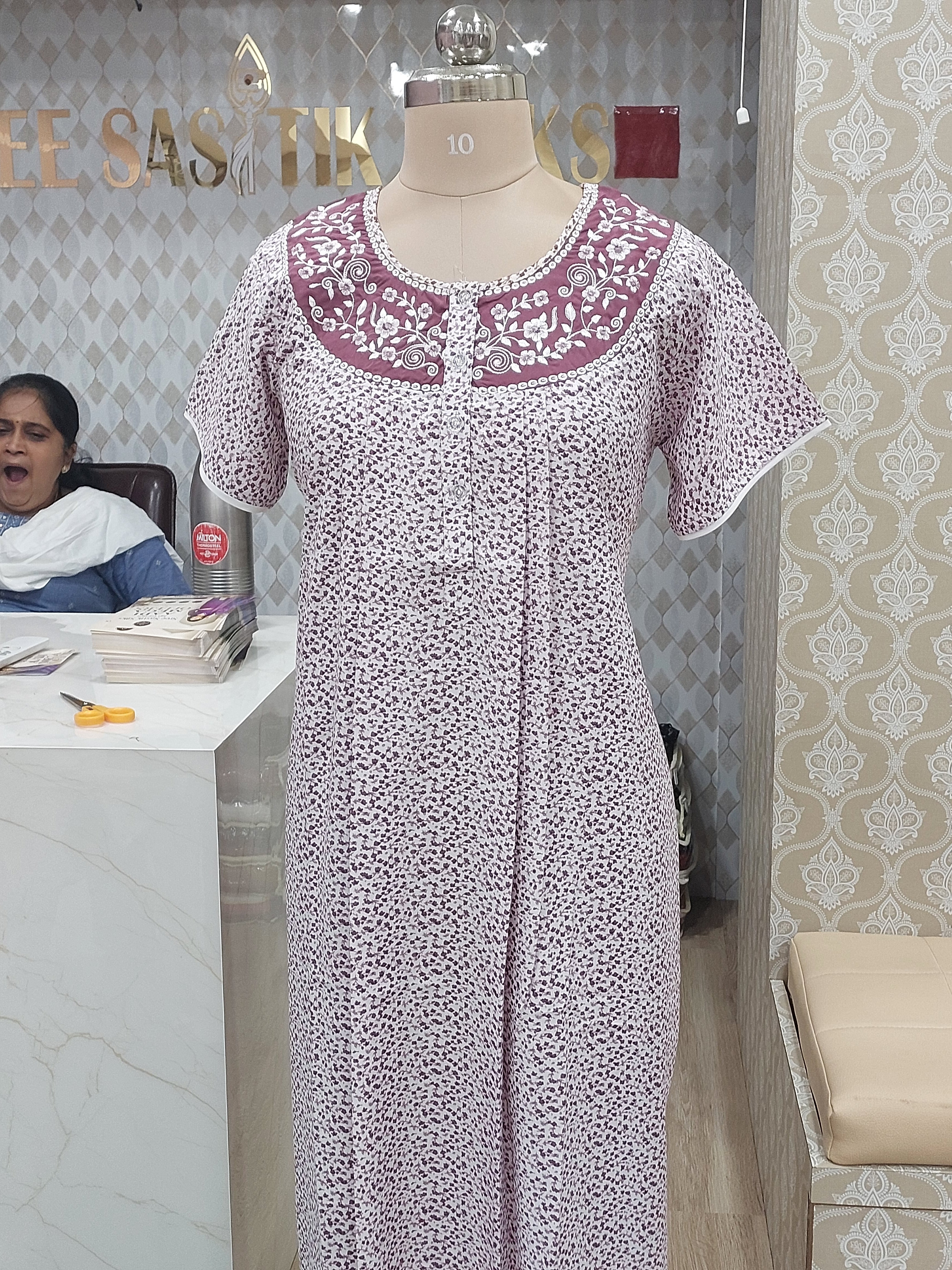 Lavender Printed cotton Nighty