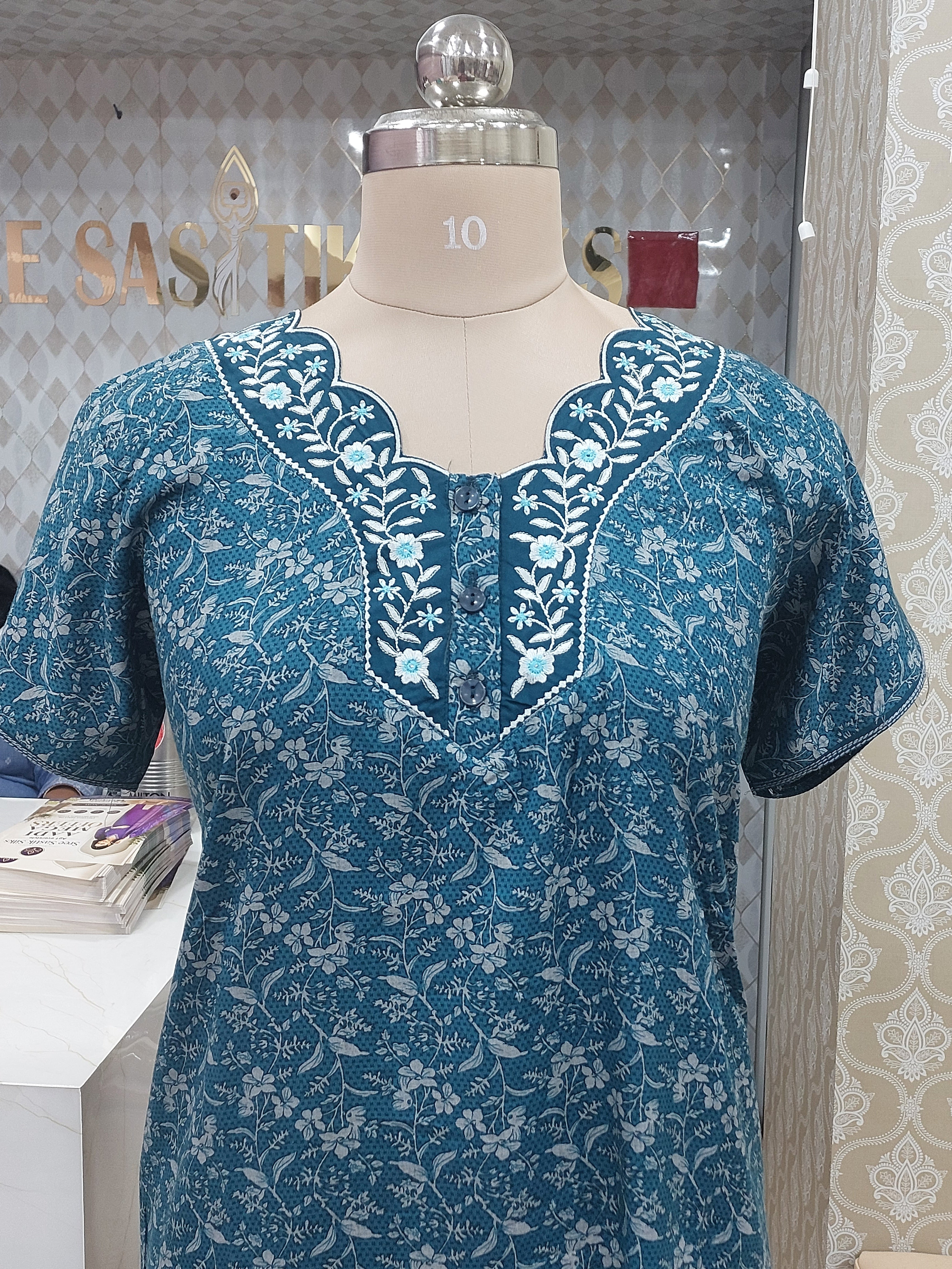 Teal Blue Floral Cotton Nighty